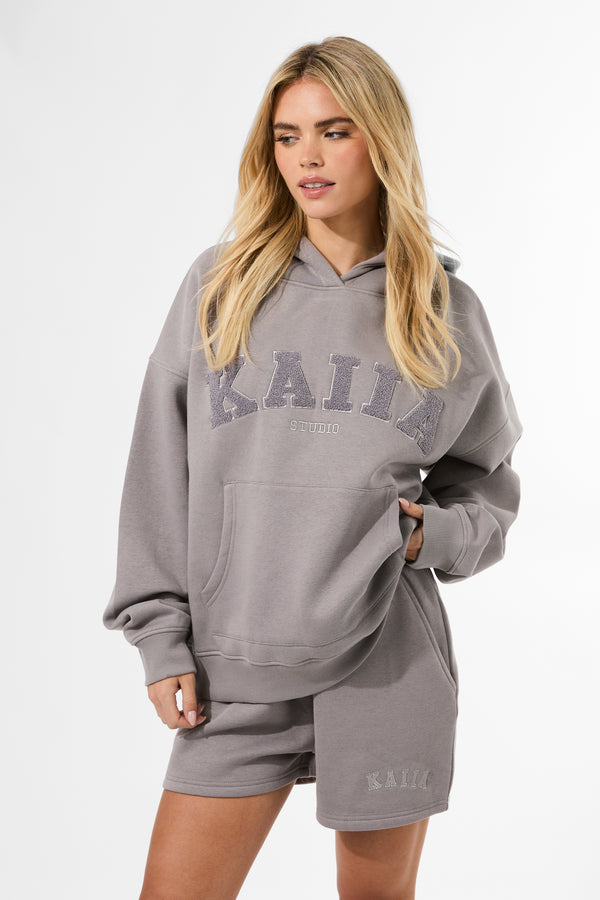 Kaiia Studio Borg Slogan Oversized Hoodie Dove Grey