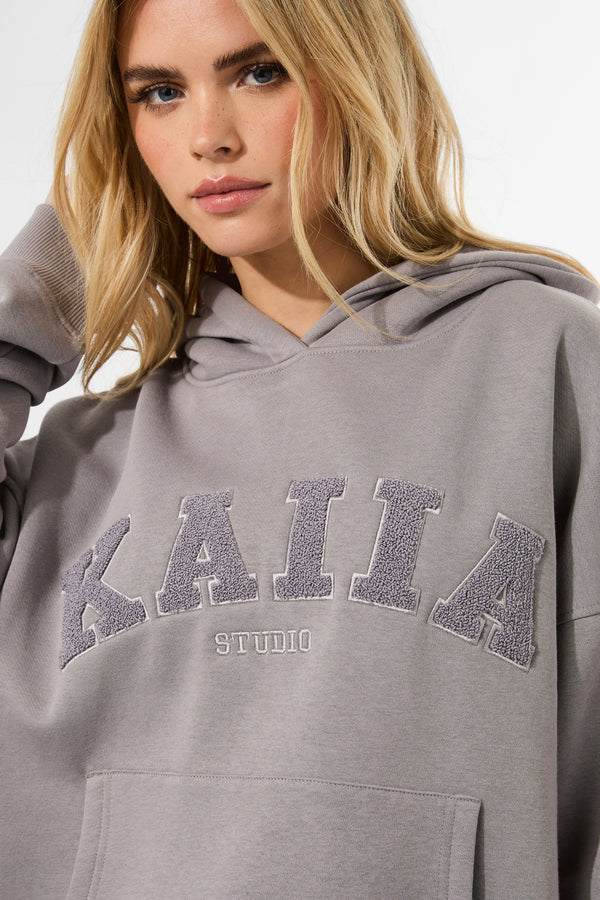 Kaiia Studio Borg Slogan Oversized Hoodie Dove Grey