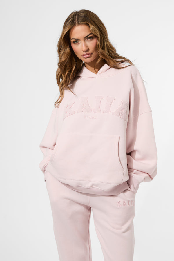 Kaiia Studio Borg Slogan Oversized Hoodie Pink Chai