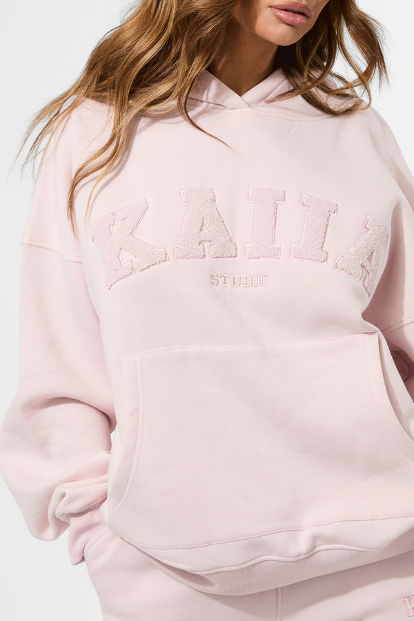 Kaiia Studio Borg Slogan Oversized Hoodie Pink Chai