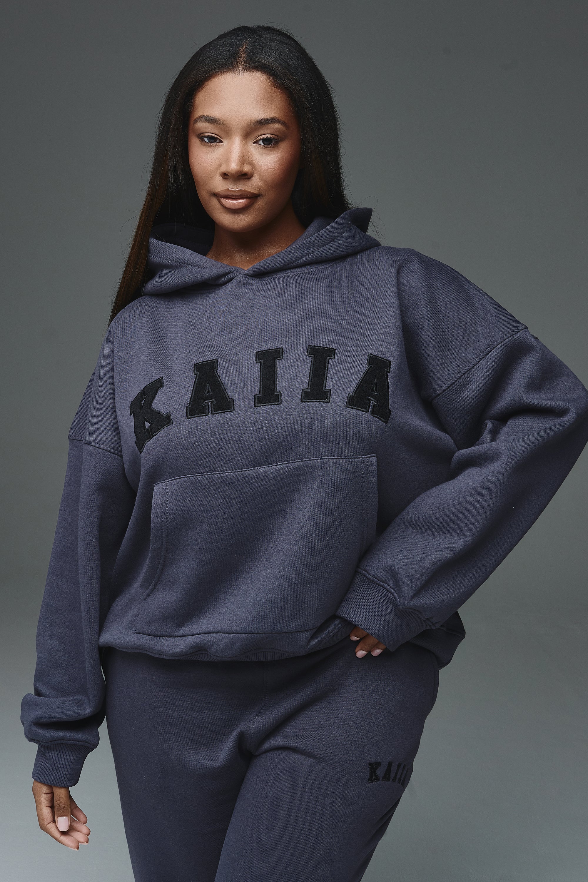 Kaiia Slogan Oversized Hoodie Dark Grey