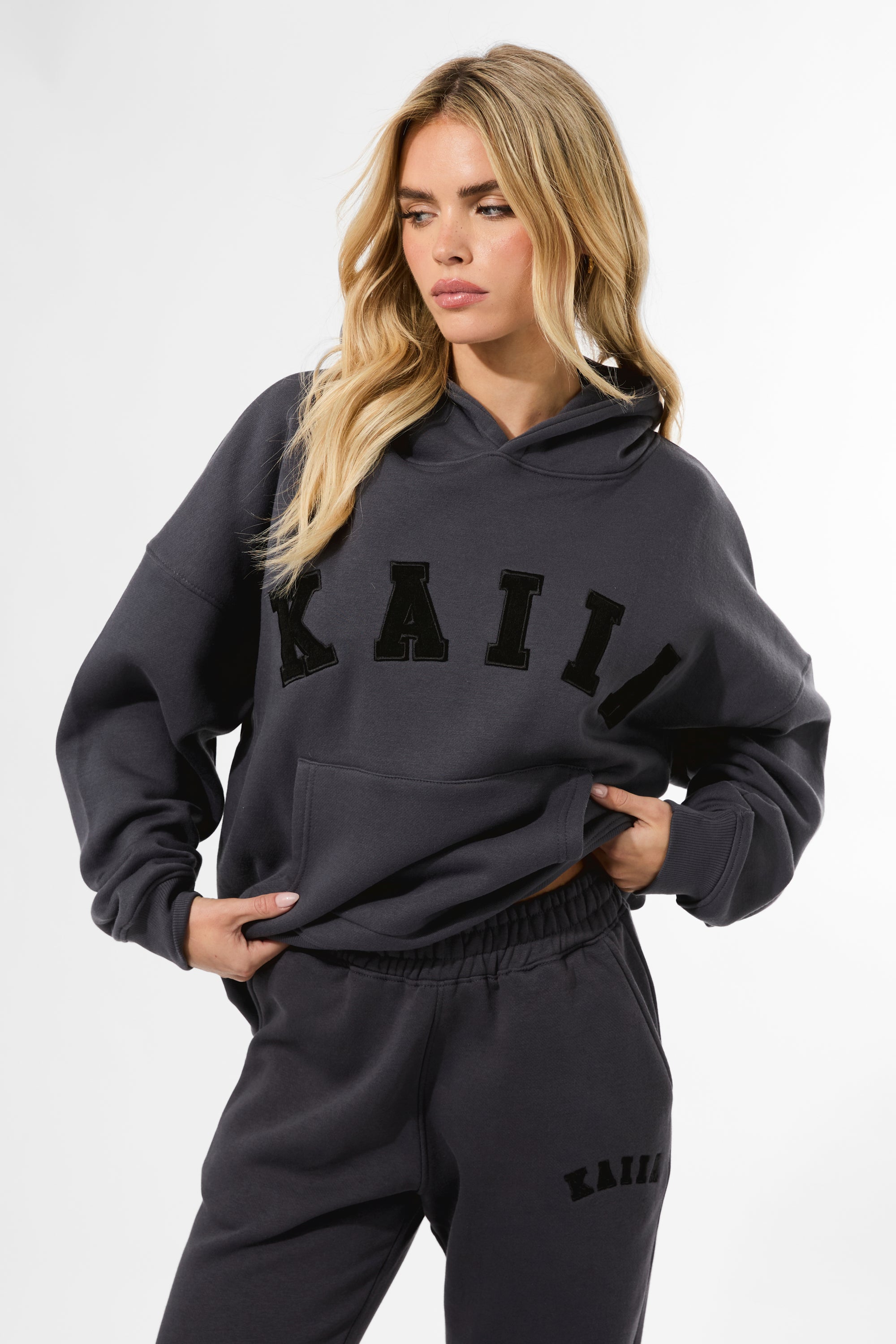 Kaiia Slogan Oversized Hoodie Dark Grey