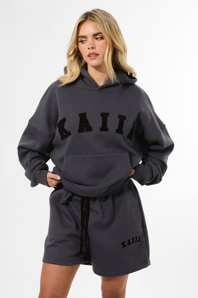 Kaiia Slogan Oversized Hoodie Dark Grey