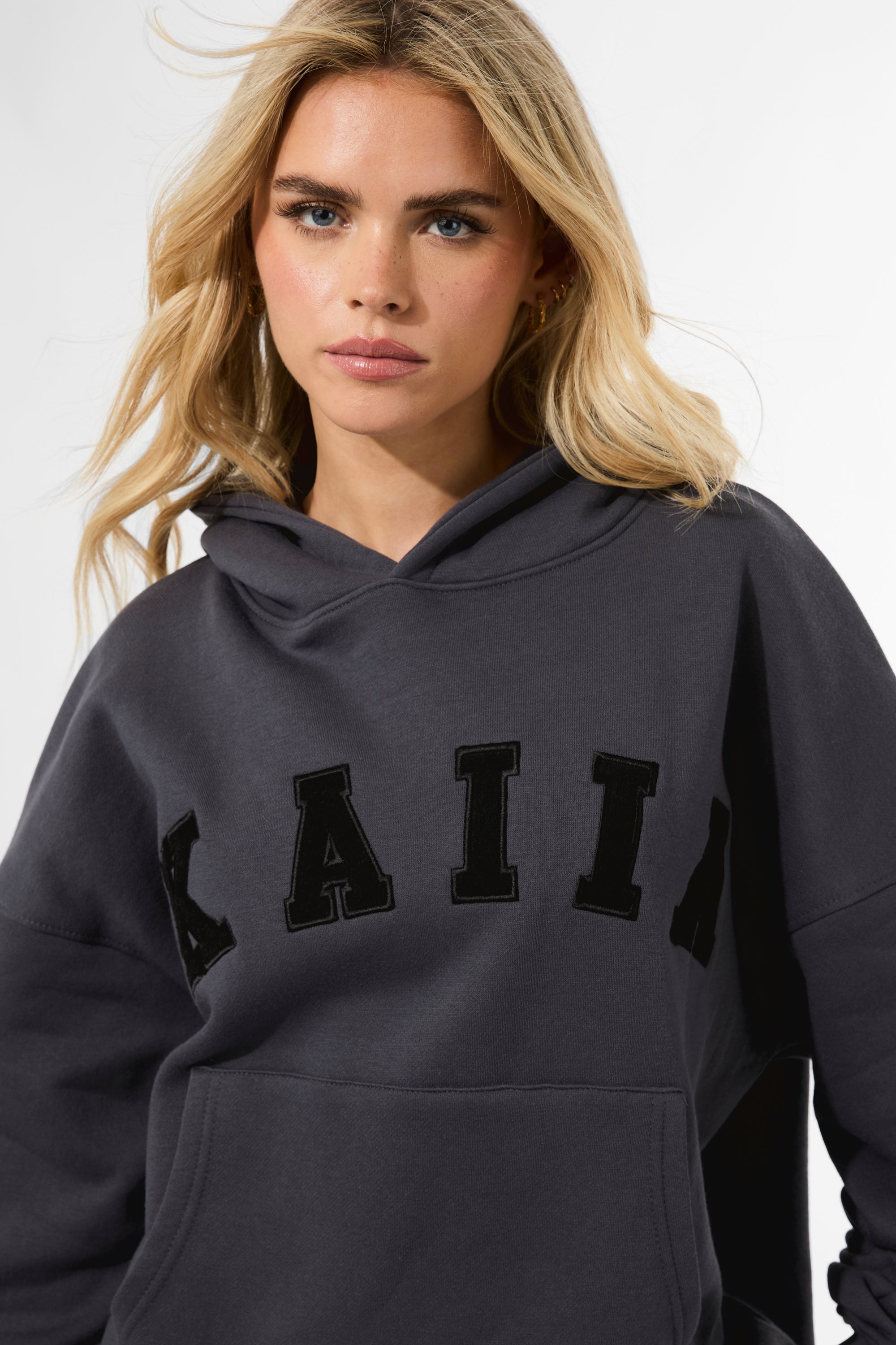 Kaiia Slogan Oversized Hoodie Dark Grey