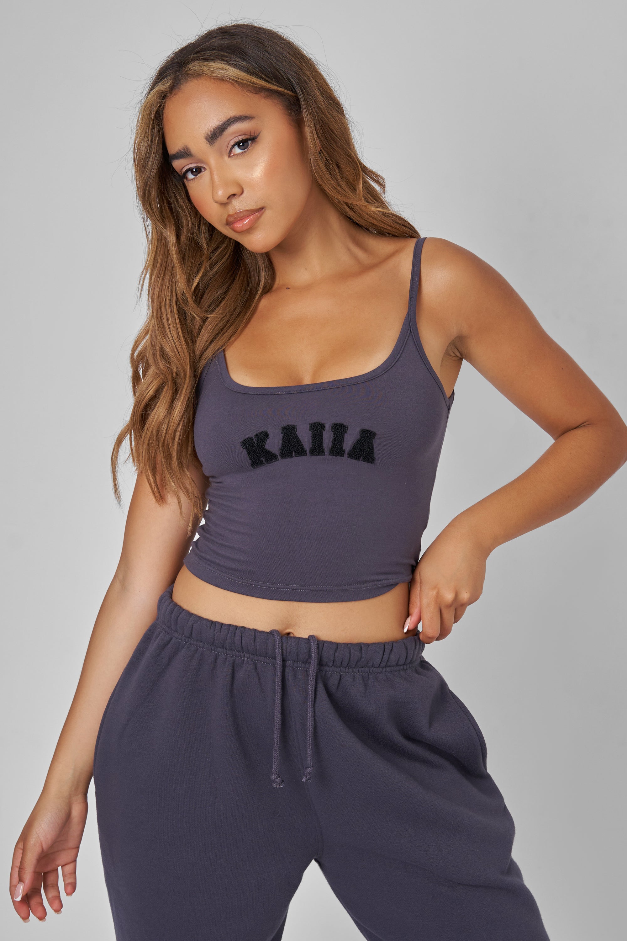 Kaiia Slogan Vest Top Dark Grey