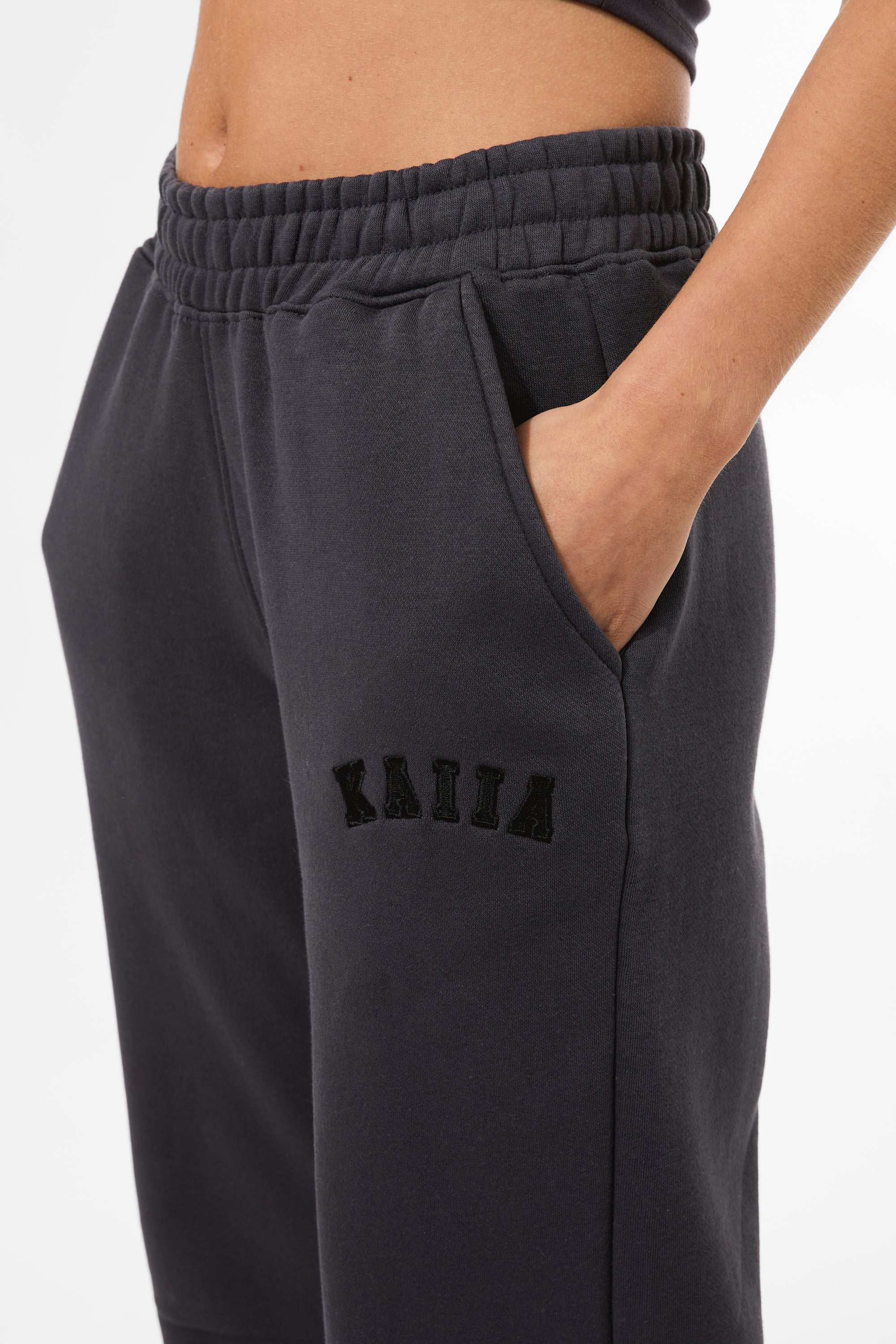 Kaiia Logo Wide Leg Sweat Pants in Dark Grey