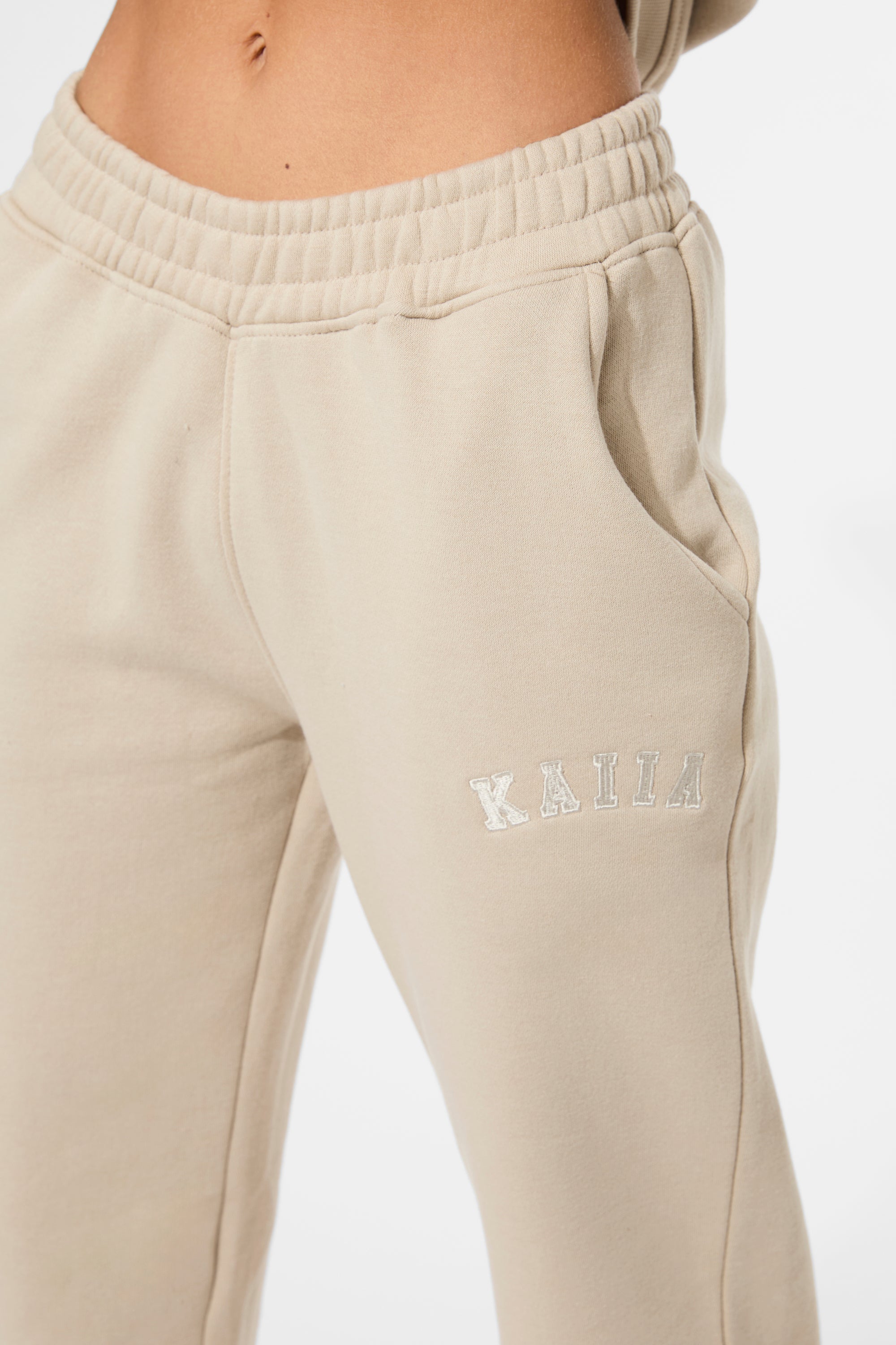 Kaiia Logo Wide Leg Sweat Pants in Stone