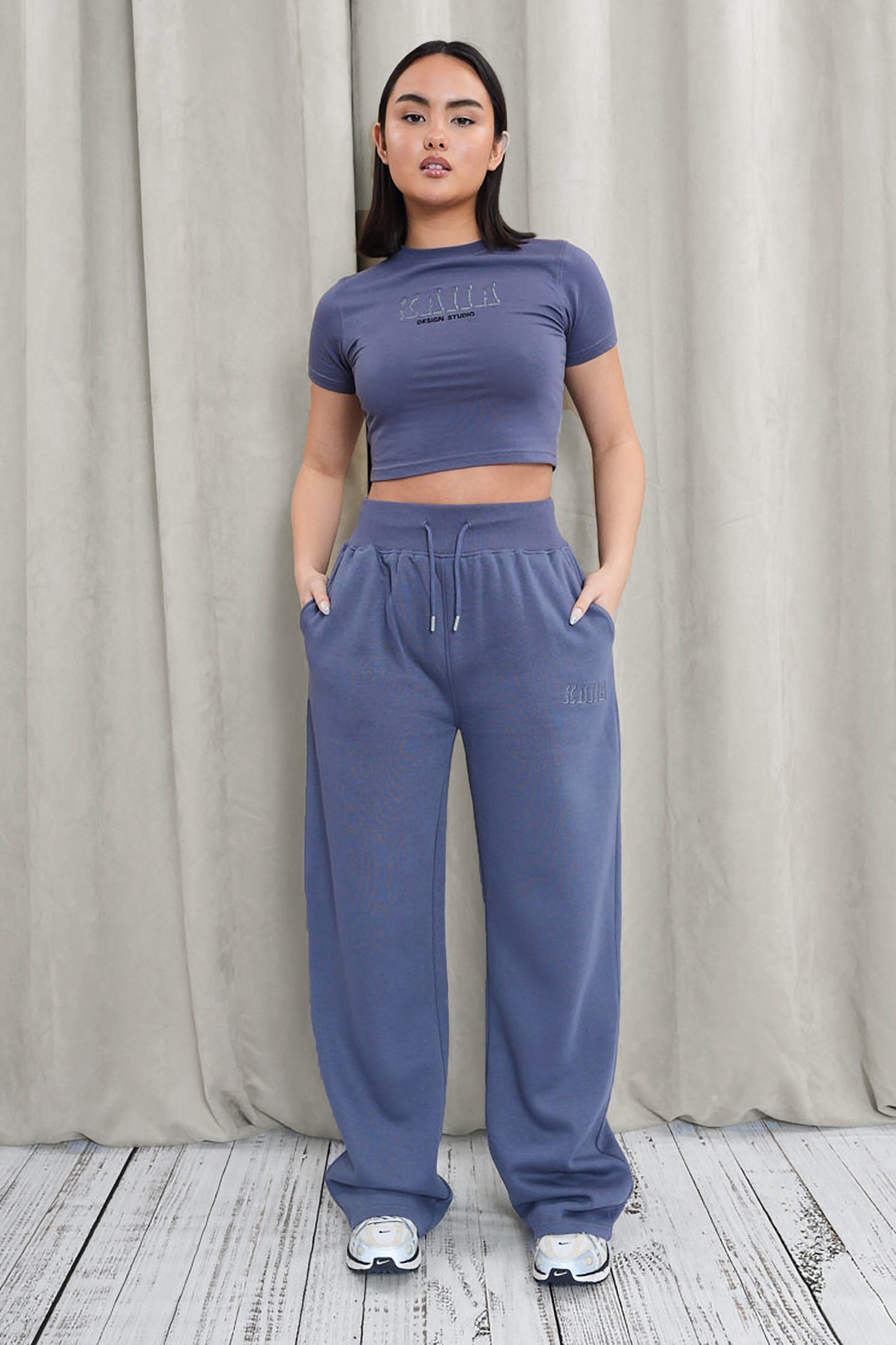 Kaiia Shadow Logo Ribbed Waistband Wide Leg Sweat Pants Slate Blue