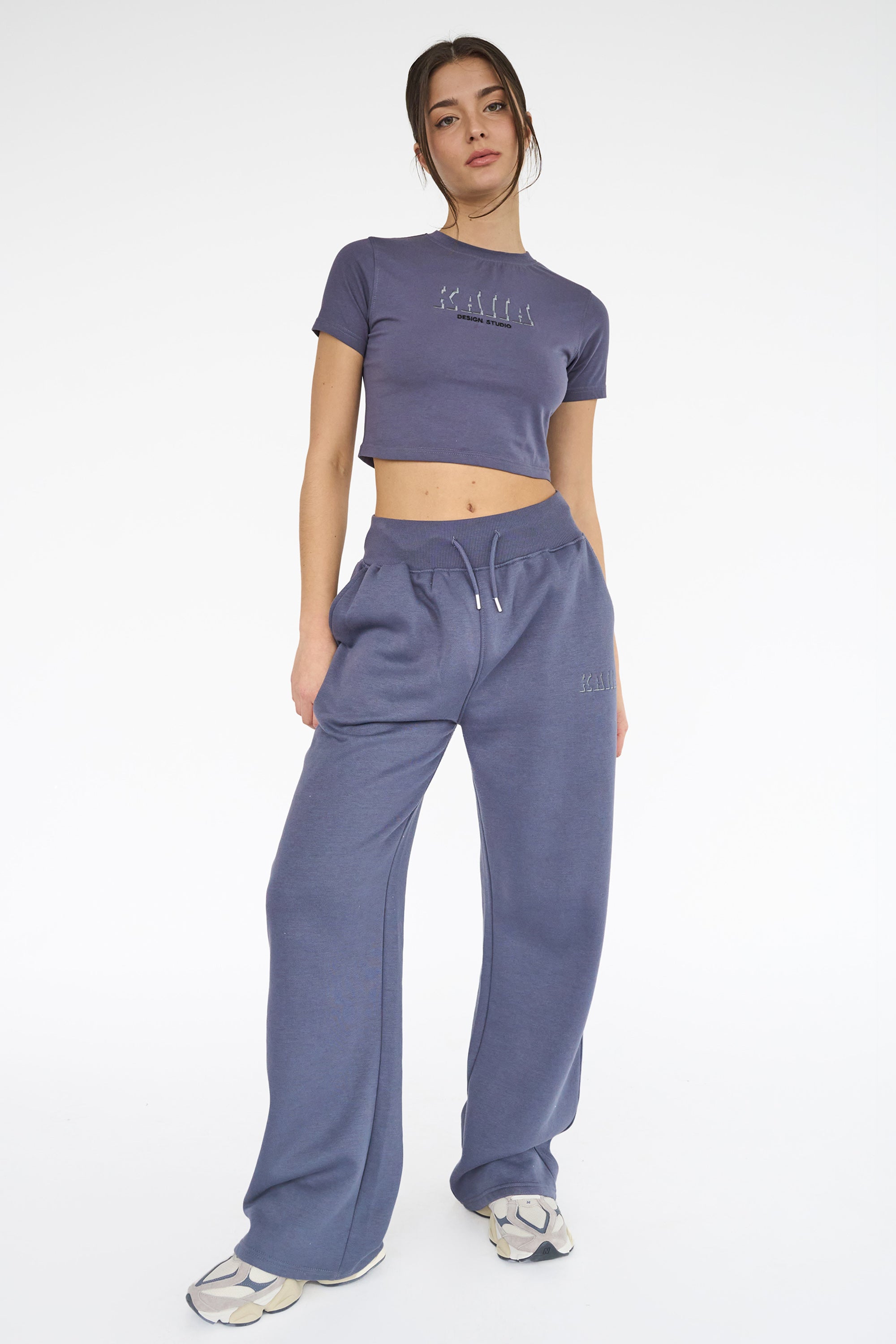 Kaiia Shadow Logo Ribbed Waistband Wide Leg Sweat Pants Slate Blue