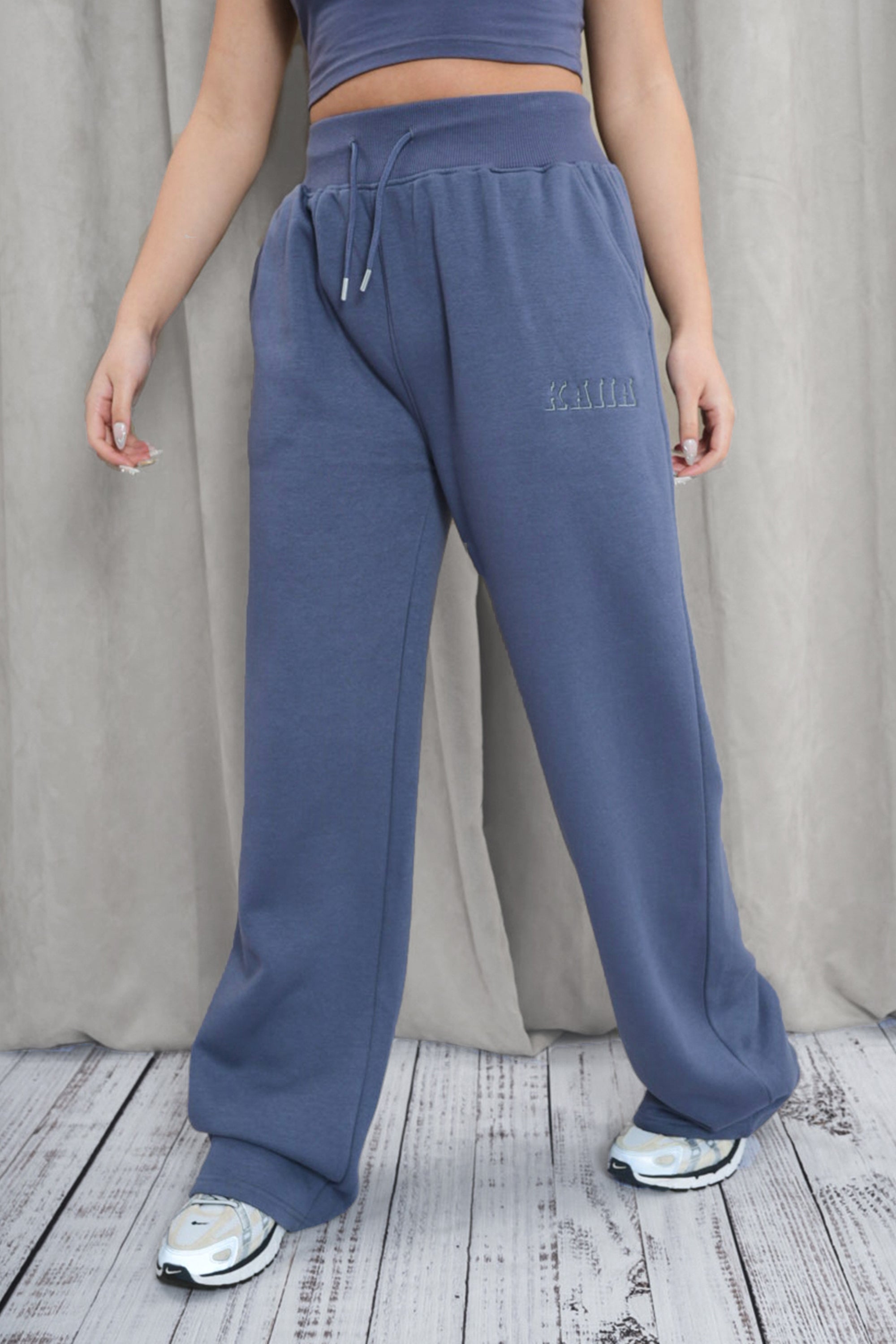 Kaiia Shadow Logo Ribbed Waistband Wide Leg Sweat Pants Slate Blue