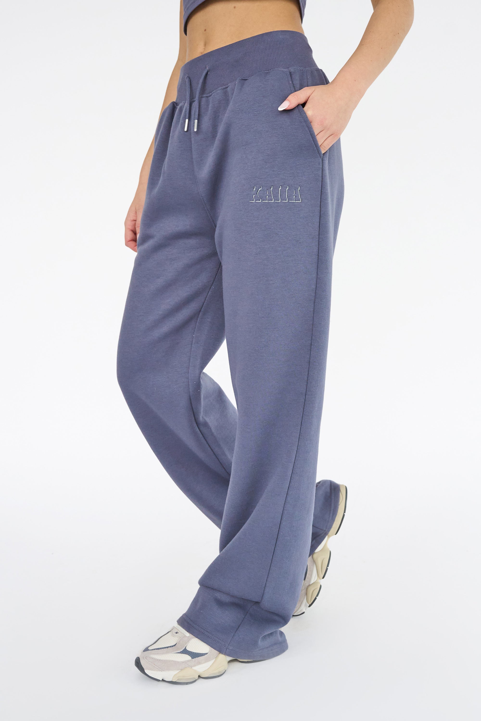 Kaiia Shadow Logo Ribbed Waistband Wide Leg Sweat Pants Slate Blue