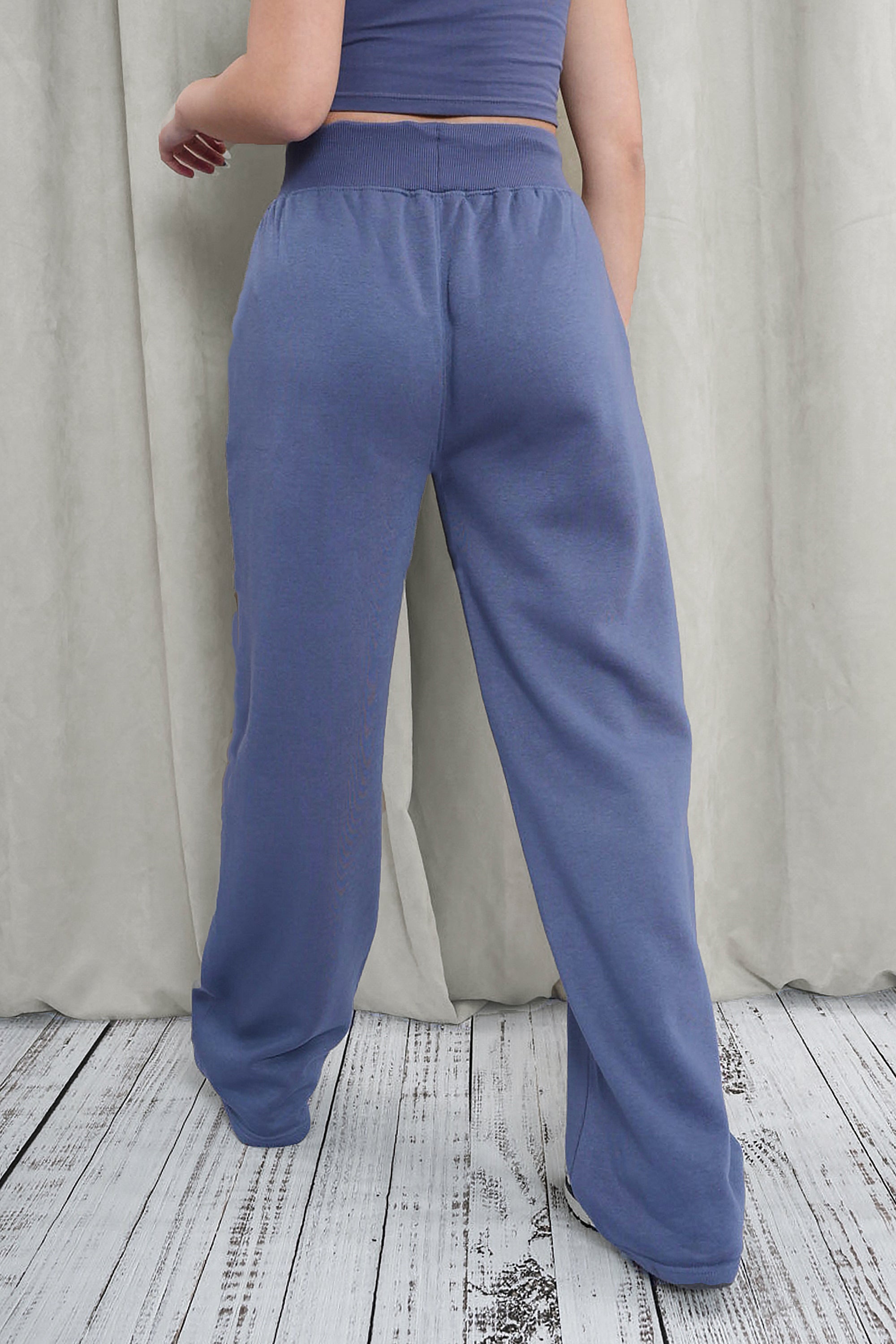 Kaiia Shadow Logo Ribbed Waistband Wide Leg Sweat Pants Slate Blue