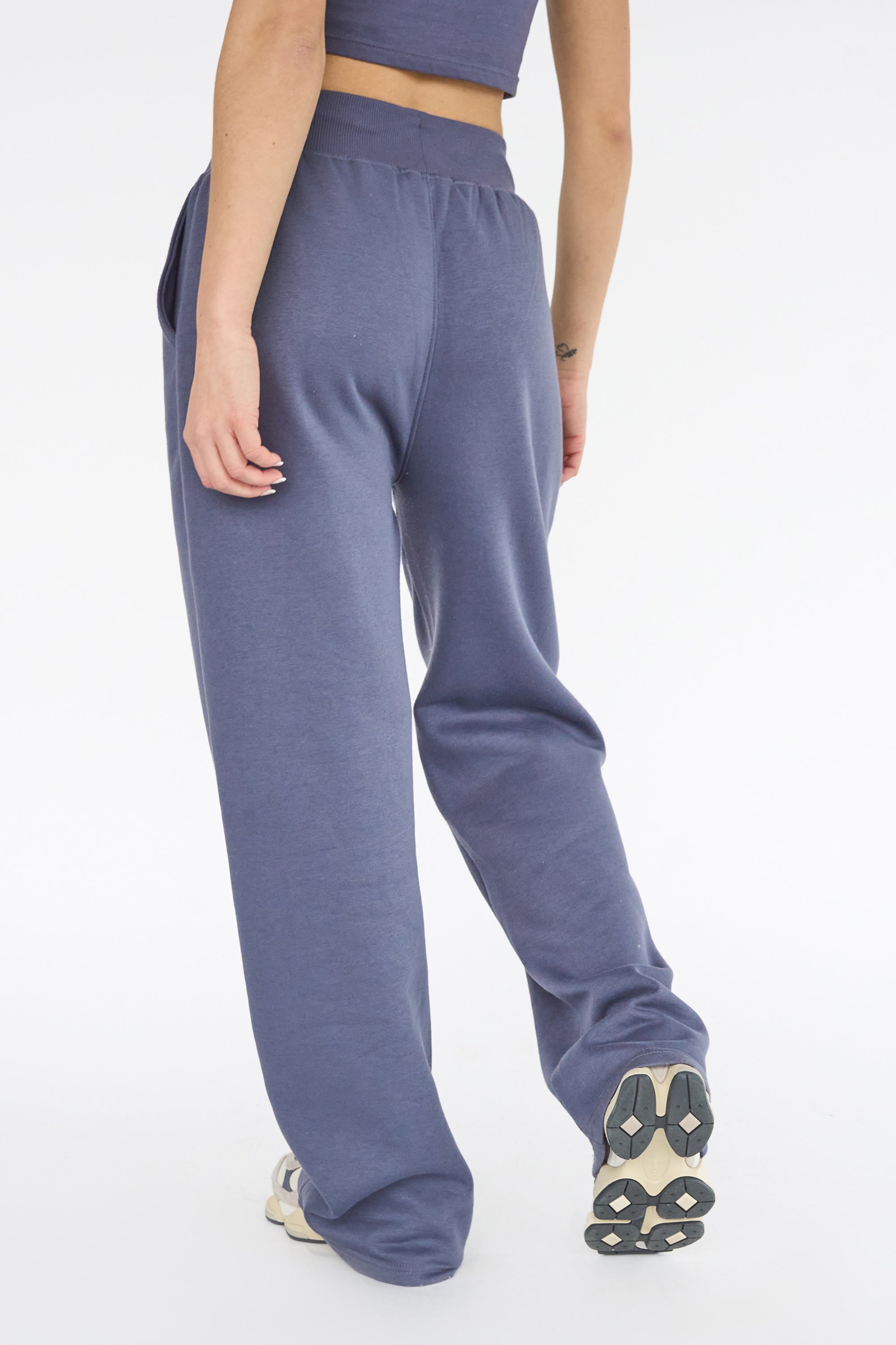 Kaiia Shadow Logo Ribbed Waistband Wide Leg Sweat Pants Slate Blue