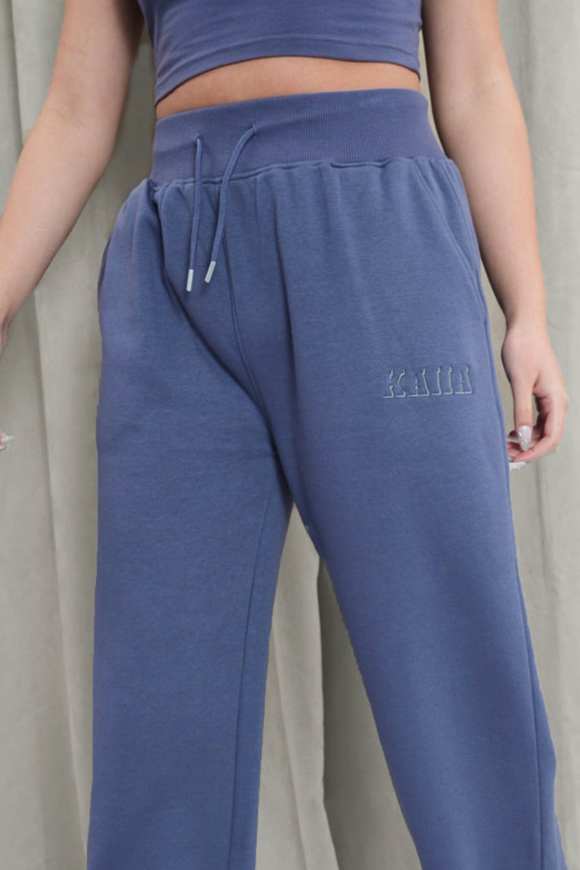 Kaiia Shadow Logo Ribbed Waistband Wide Leg Sweat Pants Slate Blue