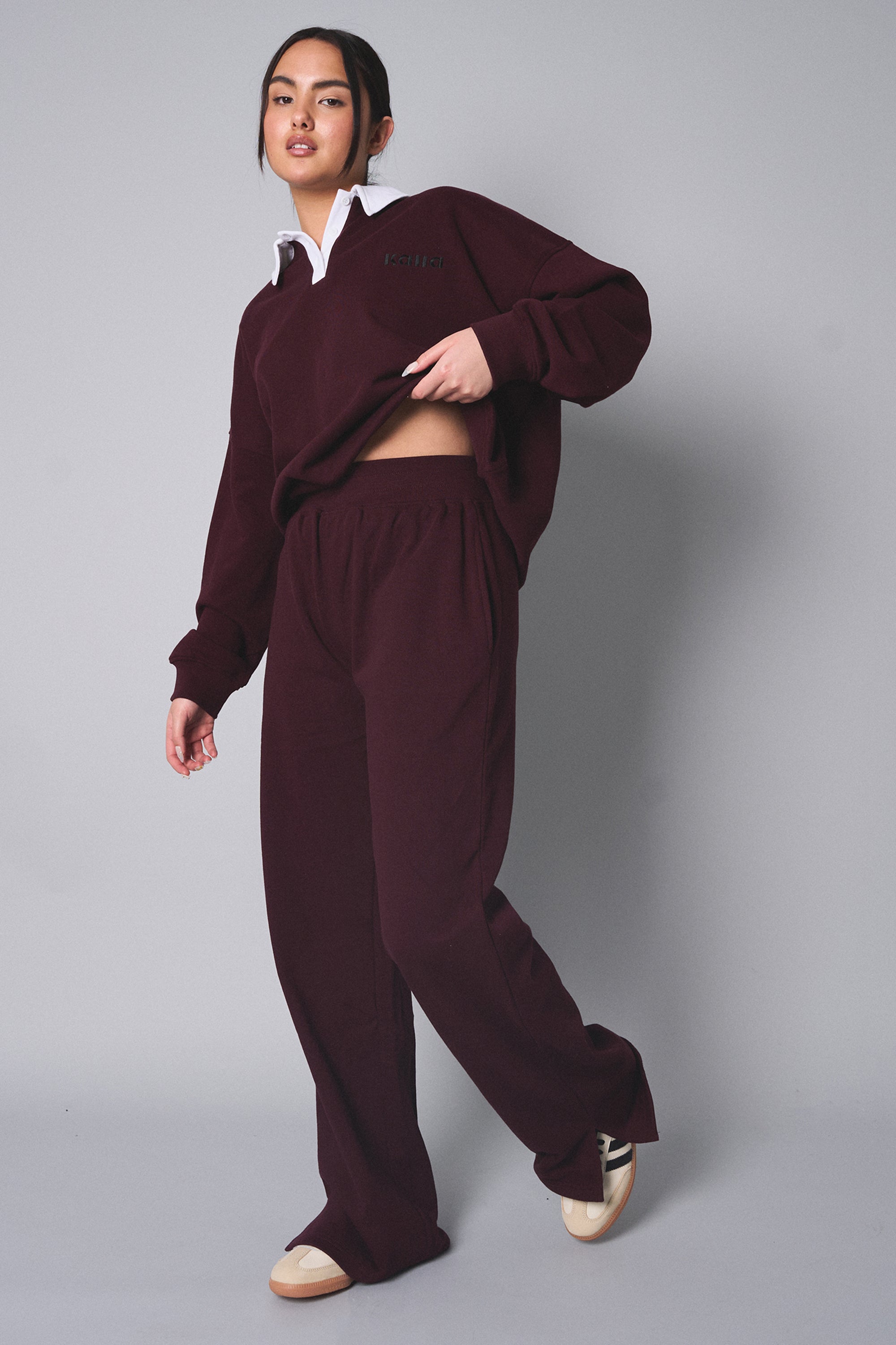 Kaiia Ribbed Waistband Wide Leg Sweat Pants Burgundy