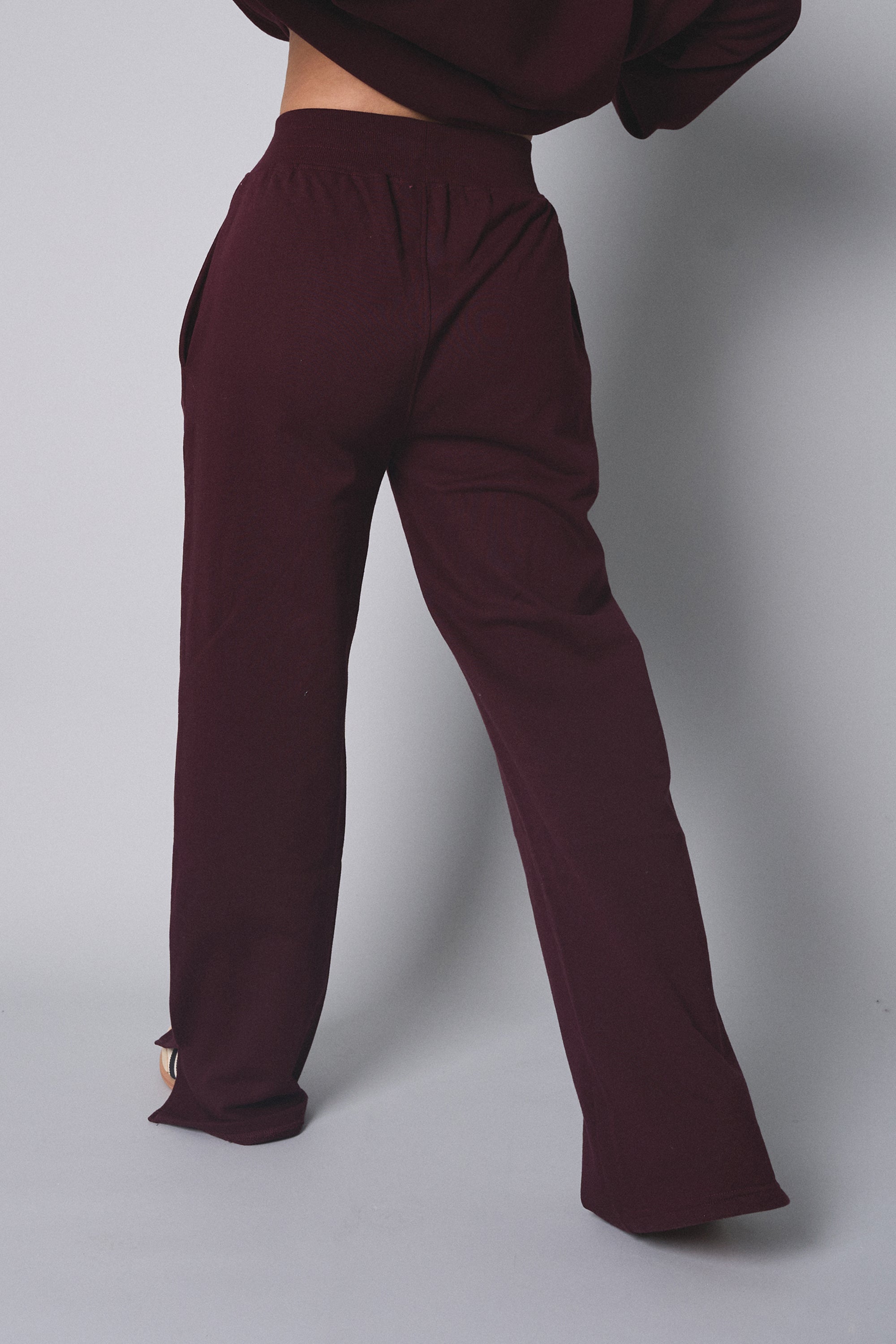 Kaiia Ribbed Waistband Wide Leg Sweat Pants Burgundy