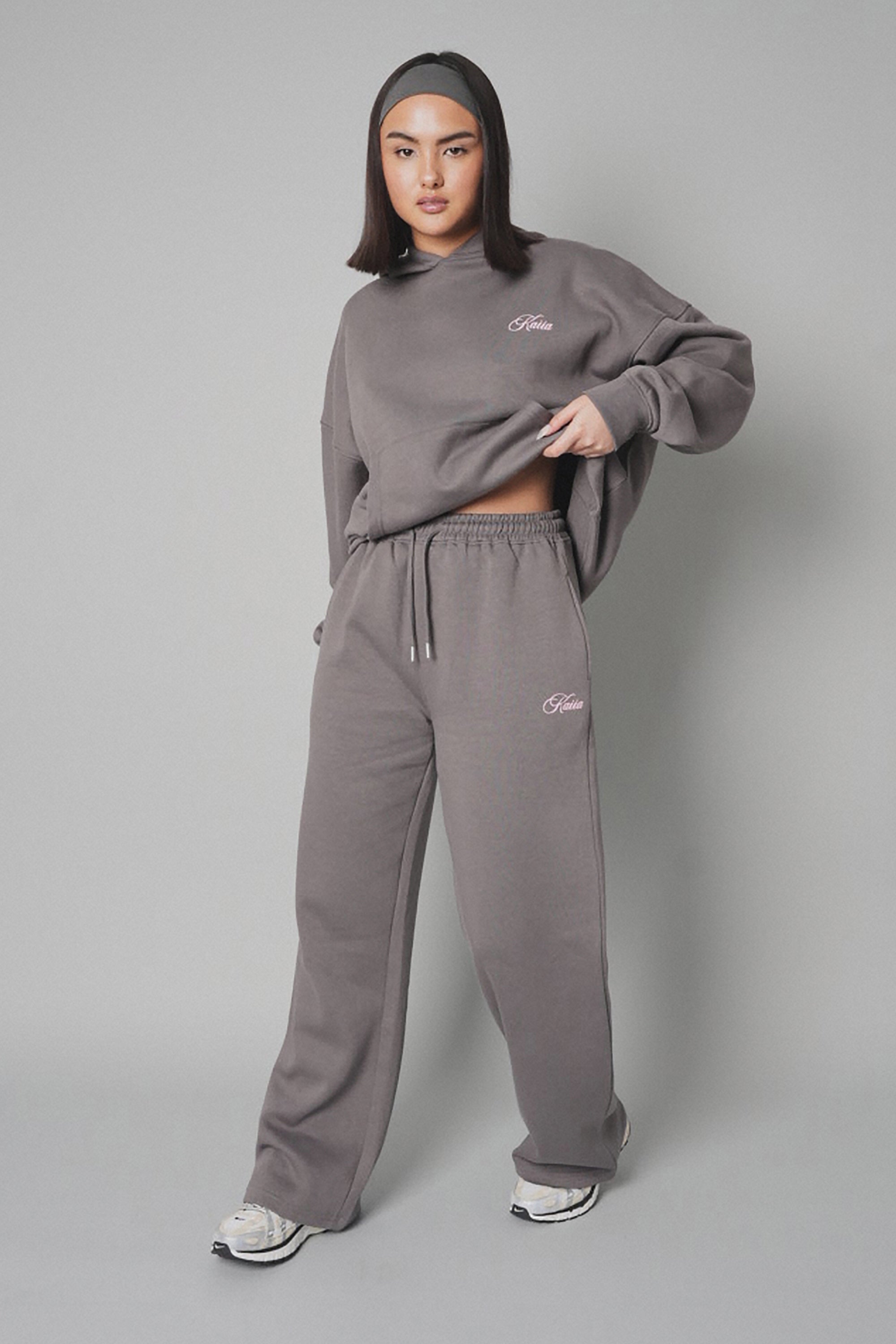 Kaiia the Label Logo Wide Leg Joggers Dark Grey with Pink