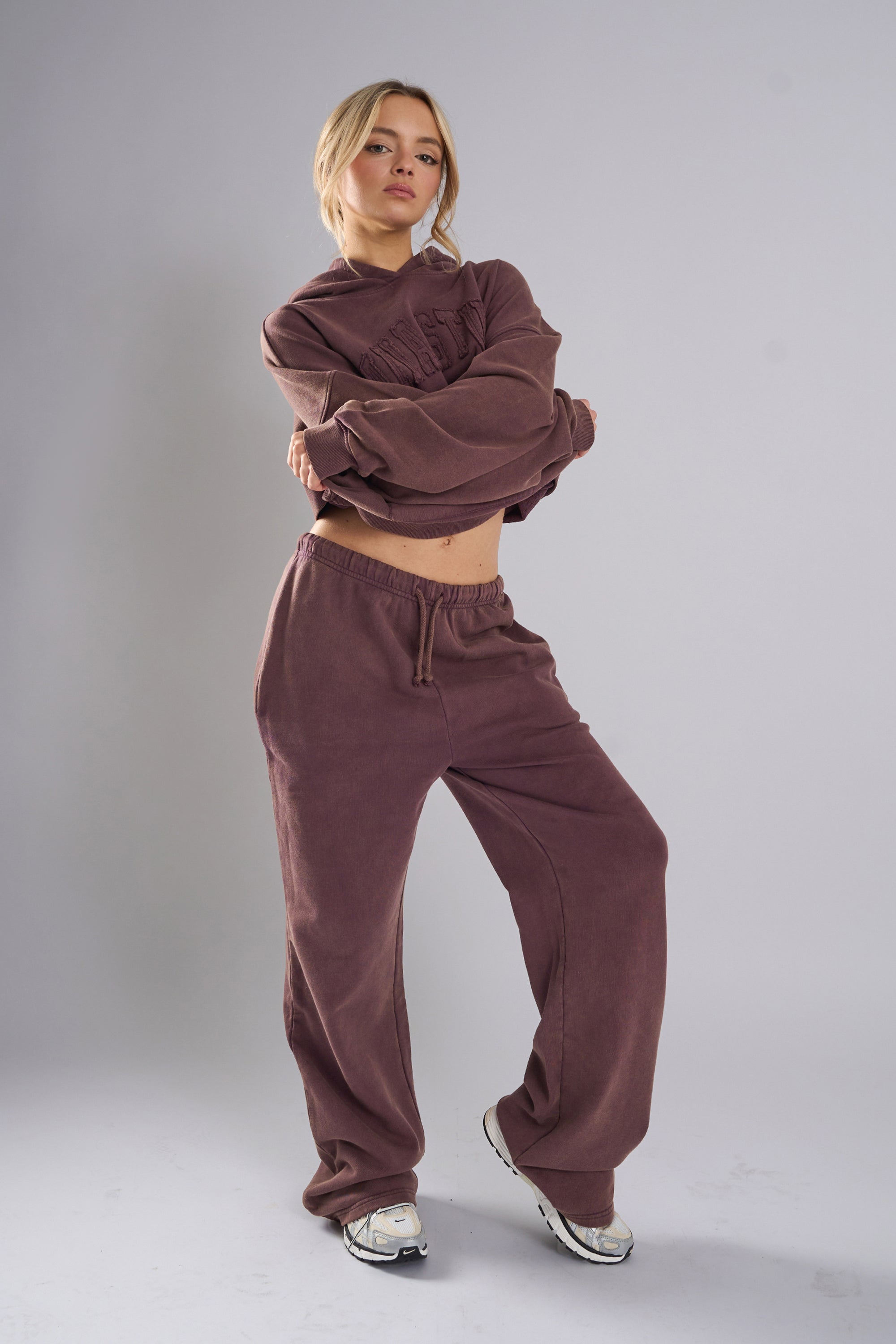 Kaiia Studio Distressed Applique Wide Leg Sweat Pants Plum