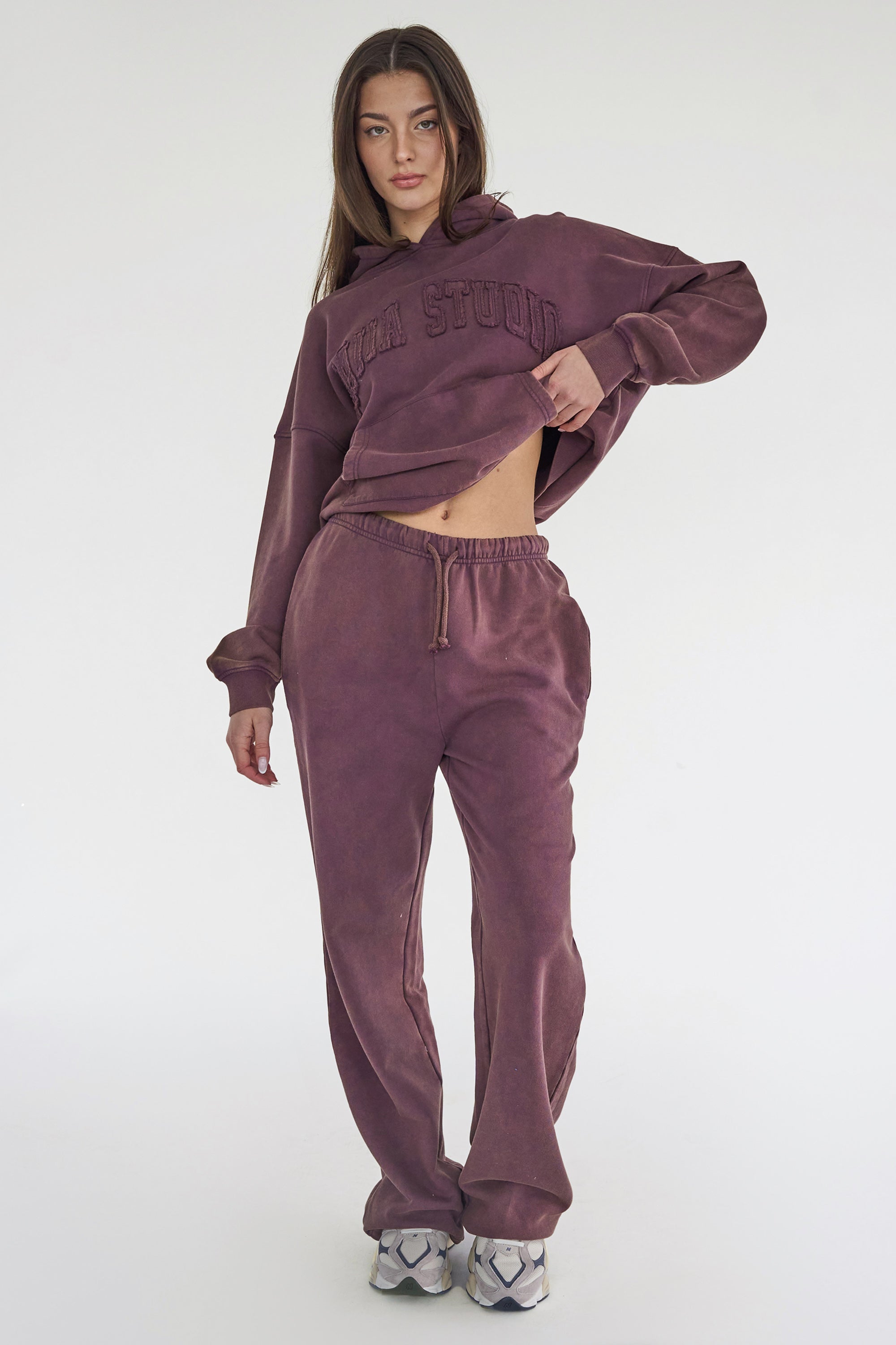 Kaiia Studio Distressed Applique Wide Leg Sweat Pants Plum