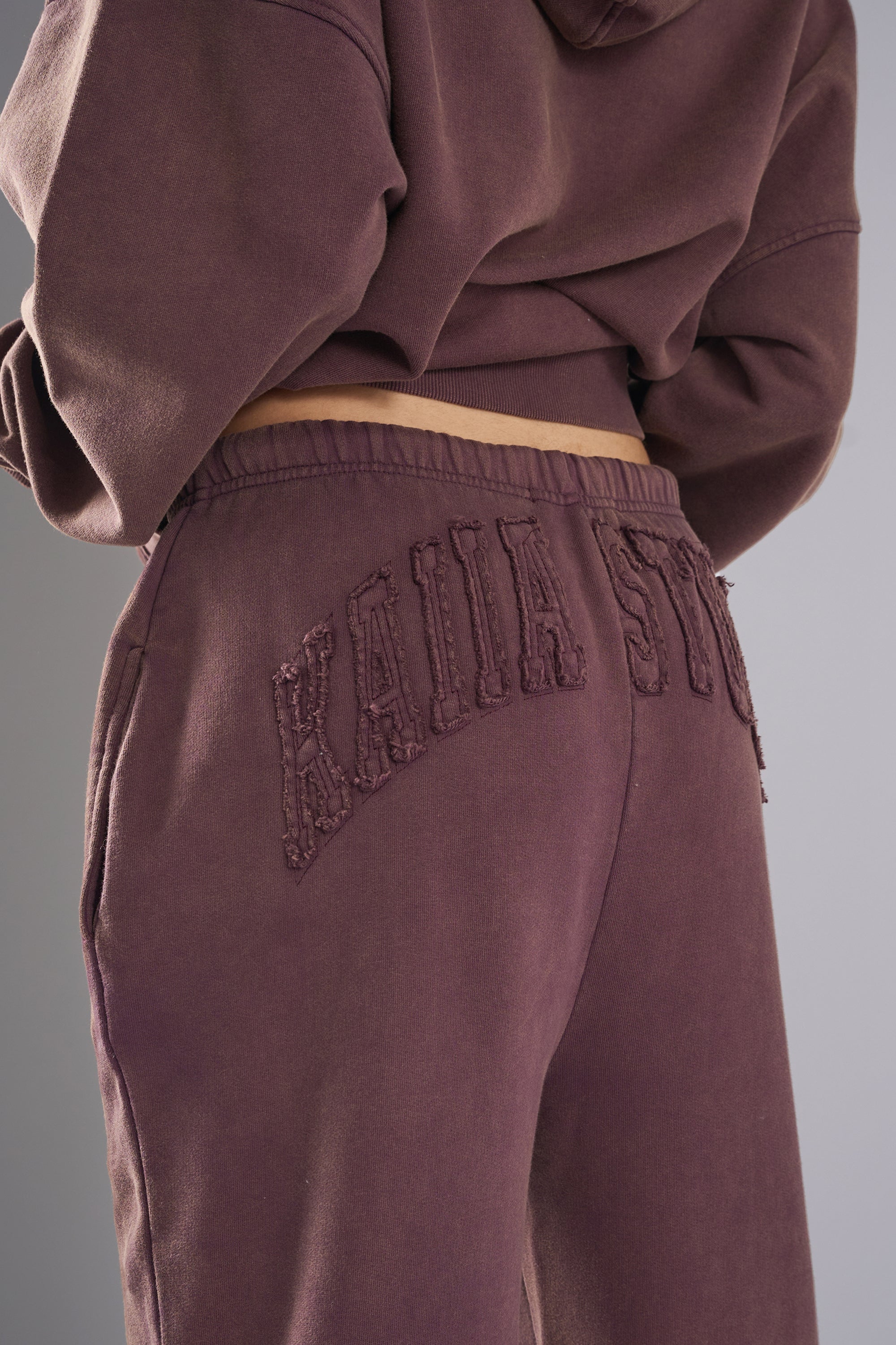 Kaiia Studio Distressed Applique Wide Leg Sweat Pants Plum