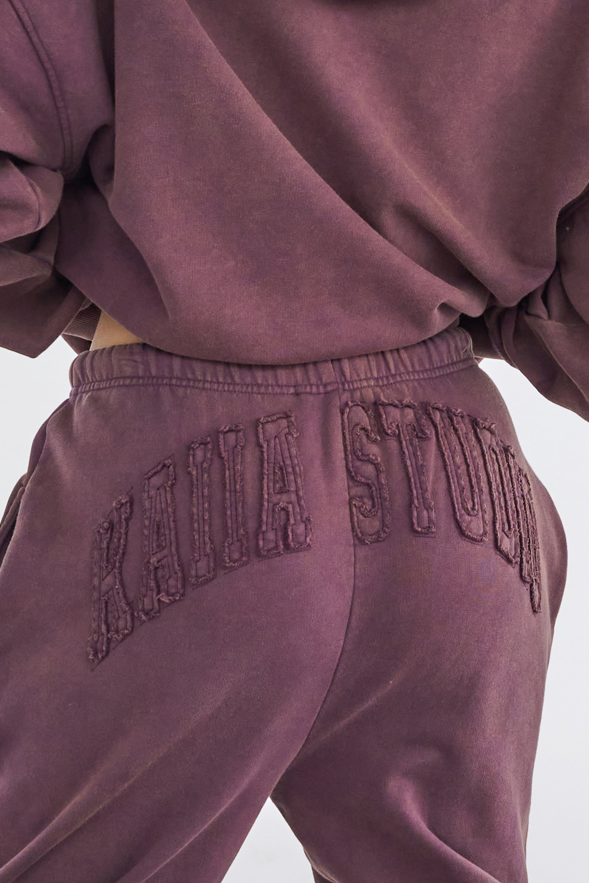 Kaiia Studio Distressed Applique Wide Leg Sweat Pants Plum