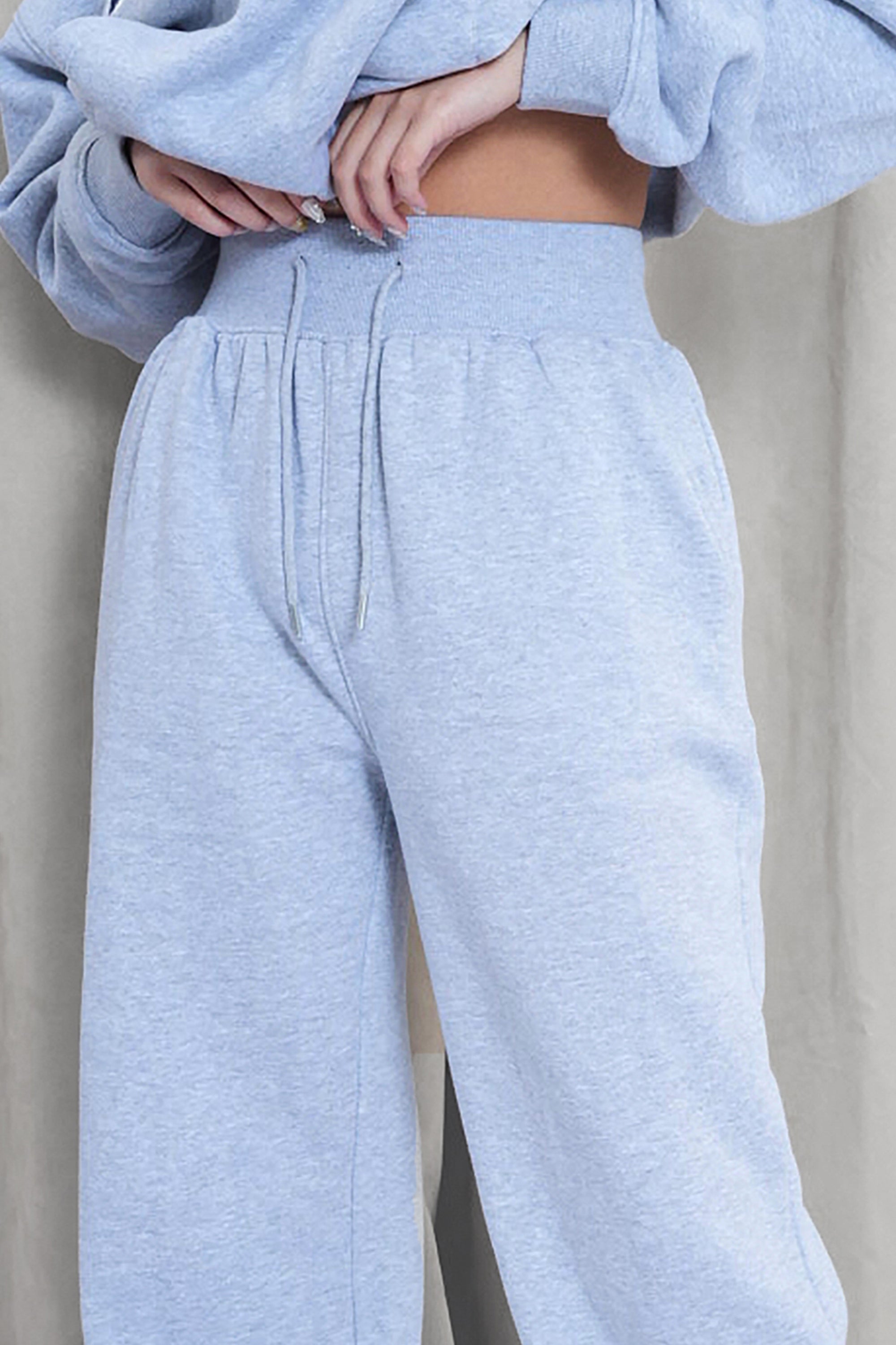 Kaiia Ribbed Waistband Baggy Wide Leg Sweat Pants Grey Marl