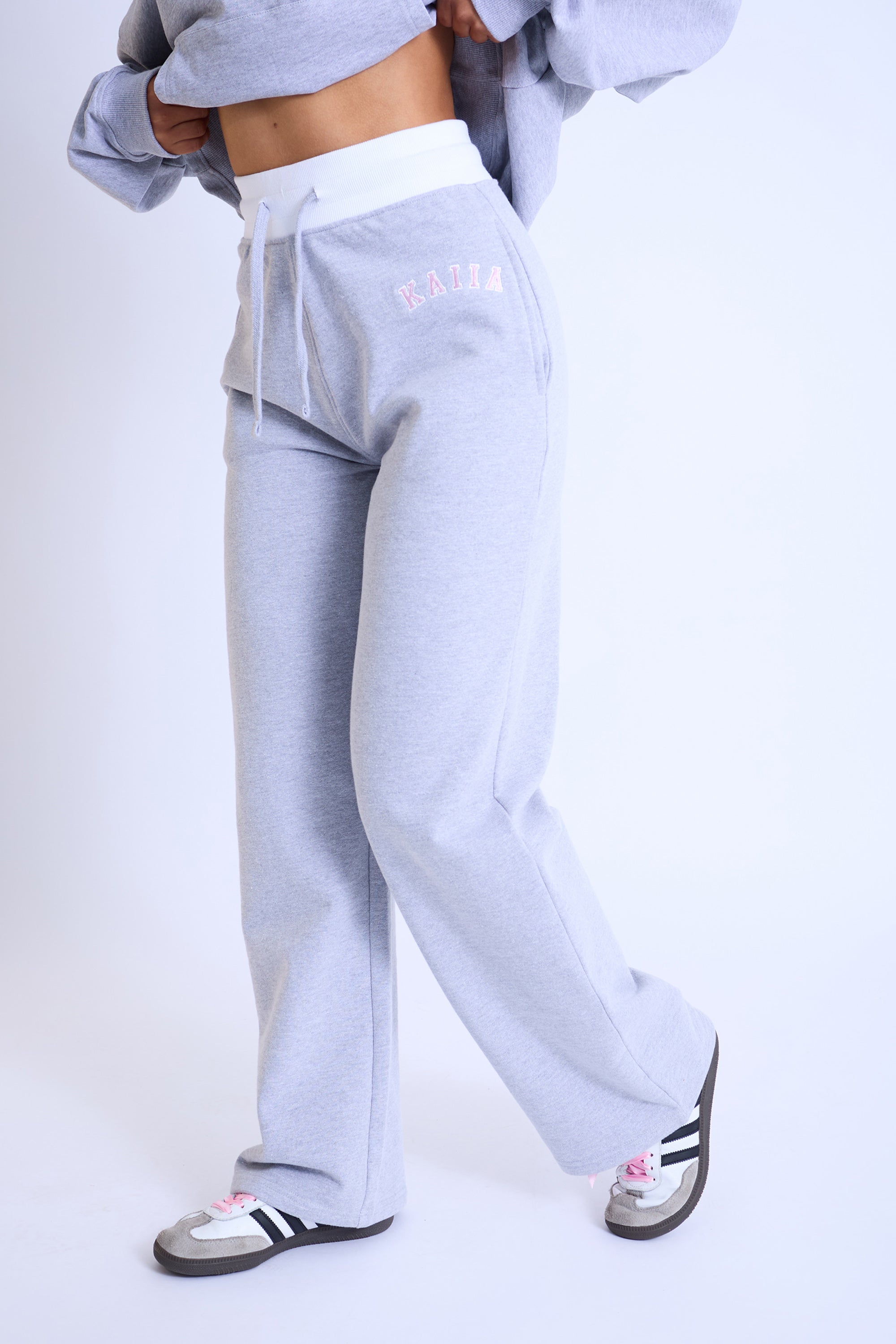 Kaiia Contrast Waistband Wide Leg Sweat Pants Grey Marl & Pink