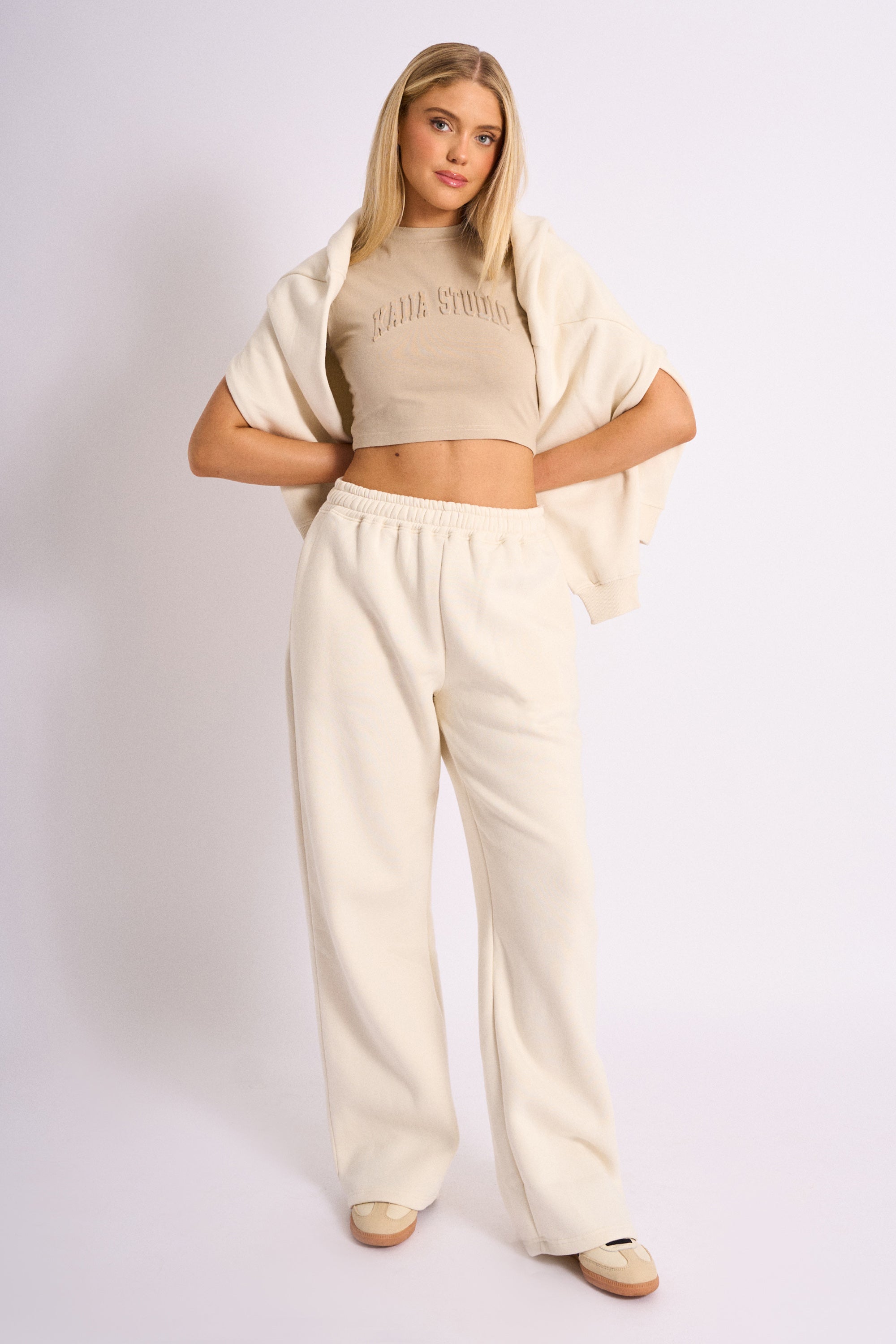 Kaiia Embossed Wide Leg Joggers Cream