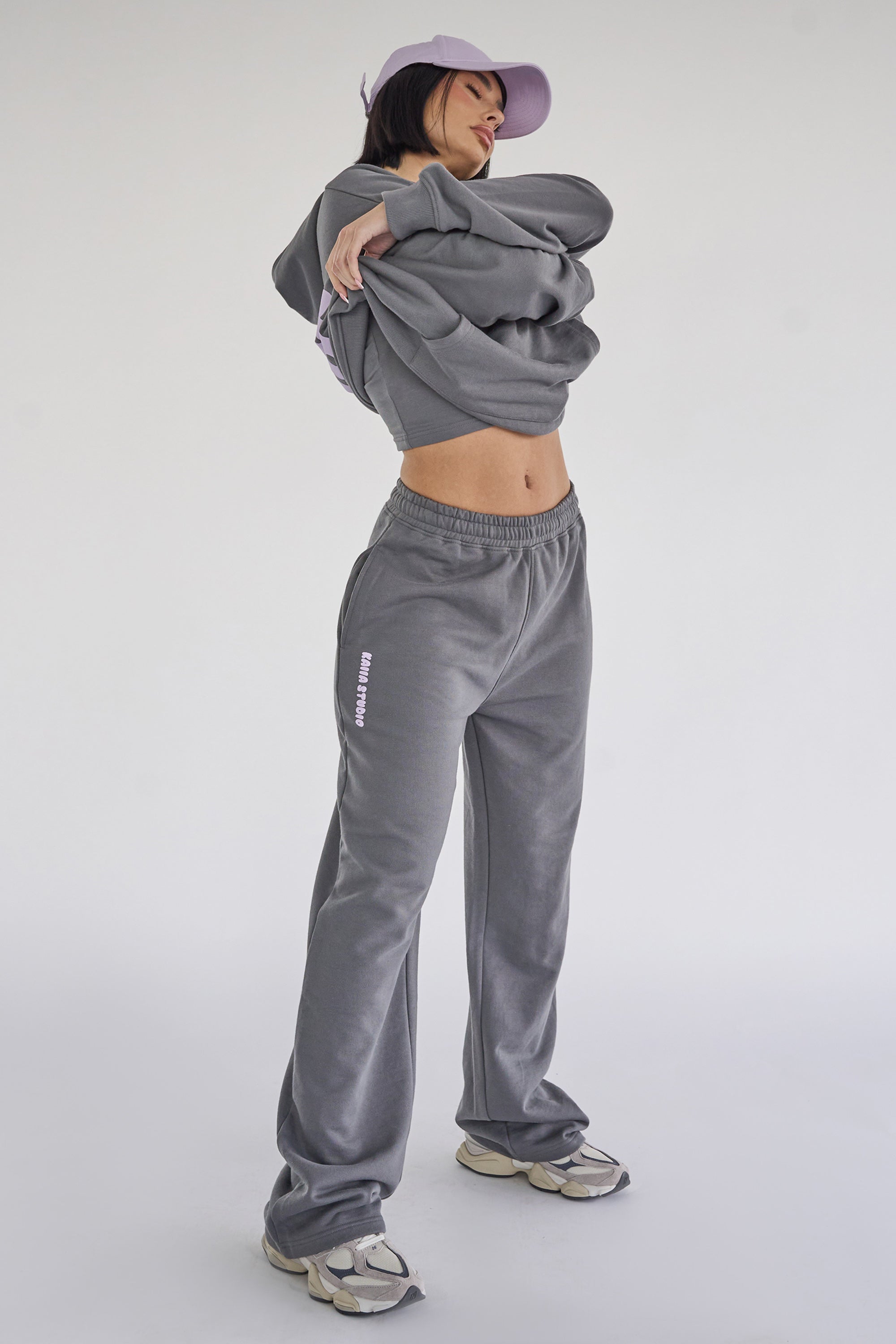 Kaiia Studio Bubble Logo Wide Leg Sweat Pants Dark Grey & Lilac