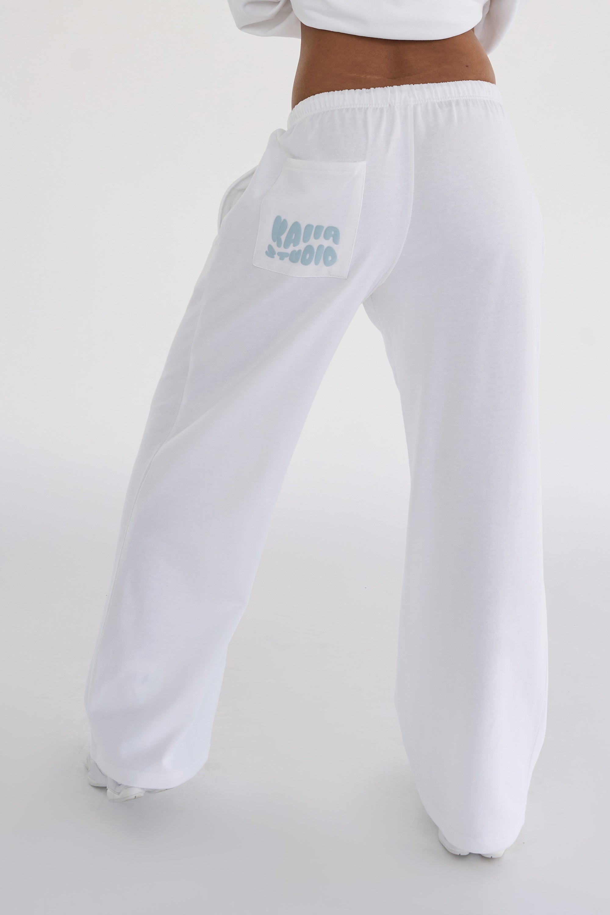 Kaiia Studio Bubble Logo Pocket Wide Leg Sweat Pants White & Blue