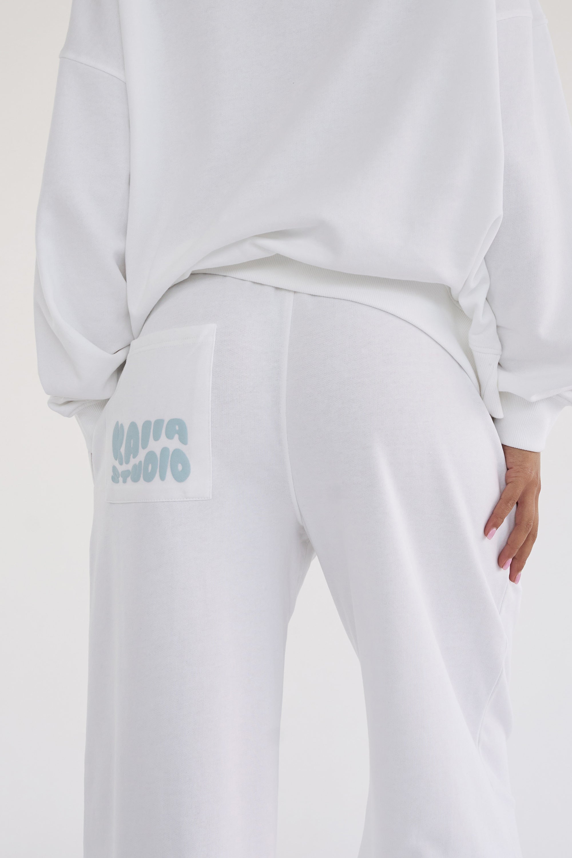 Kaiia Studio Bubble Logo Pocket Wide Leg Sweat Pants White & Blue