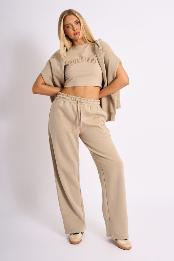 Kaiia Embossed Logo Wide Leg Joggers Stone