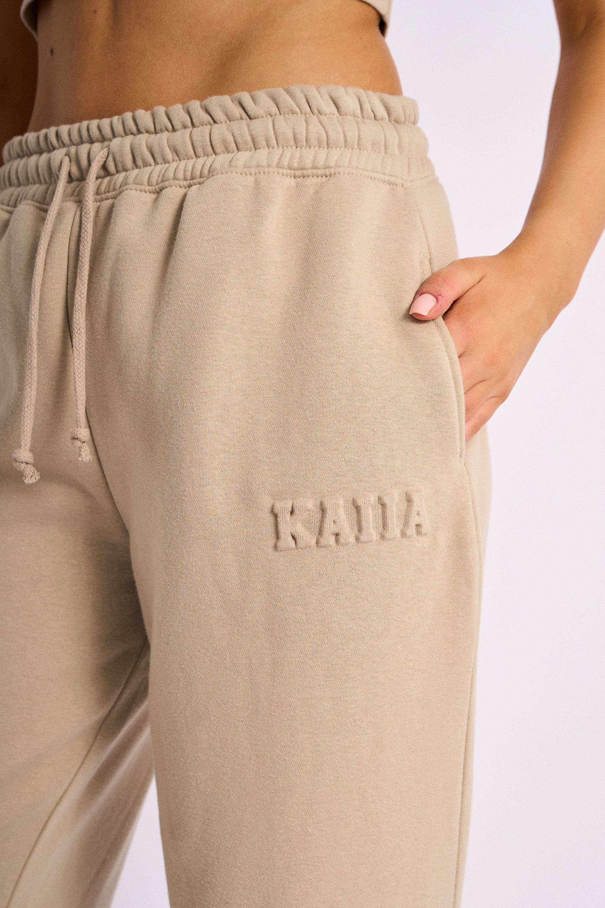 Kaiia Embossed Logo Wide Leg Joggers Stone