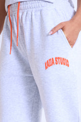 Kaiia Studio Bubble Logo Wide Leg Sweat Pants Light Grey Marl & Orange