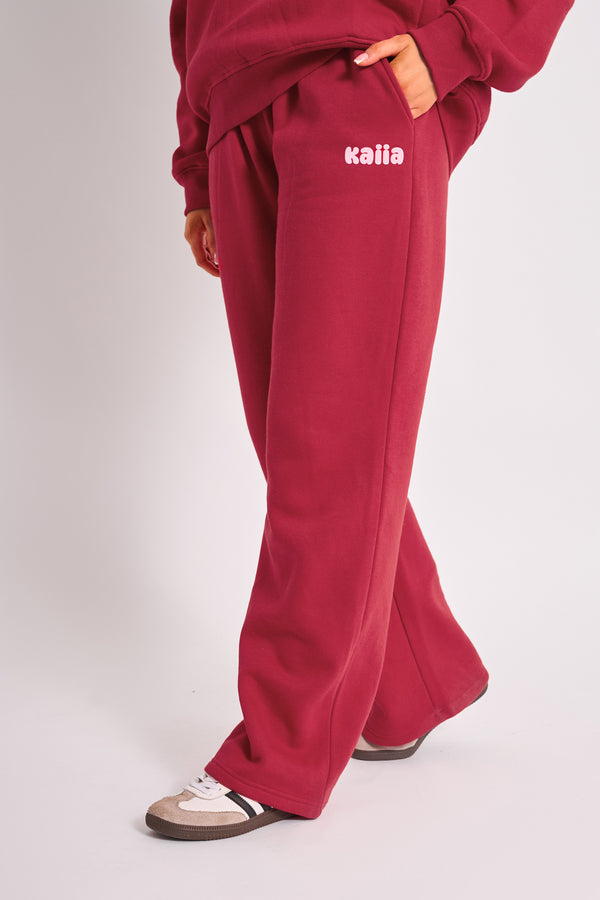 Kaiia Ribbed Waistband Wide Leg Joggers Red & Pink