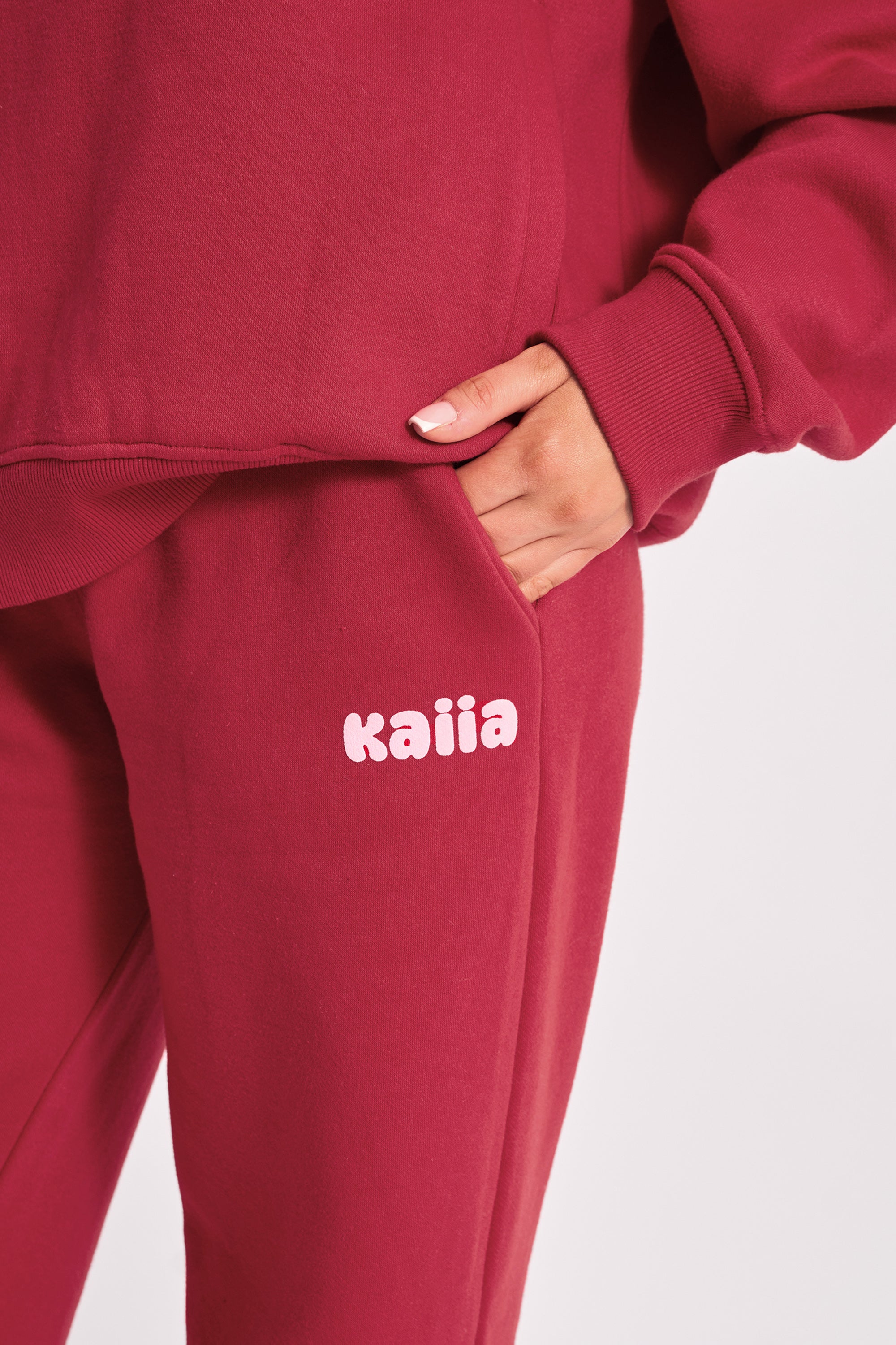 Kaiia Ribbed Waistband Wide Leg Joggers Red & Pink