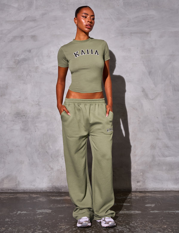 Kaiia Logo Wide Leg Joggers Khaki