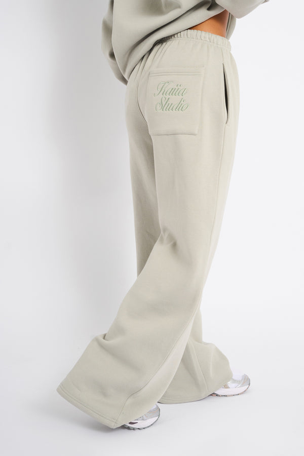 Kaiia Studio Script Logo Wide Leg Joggers Matcha