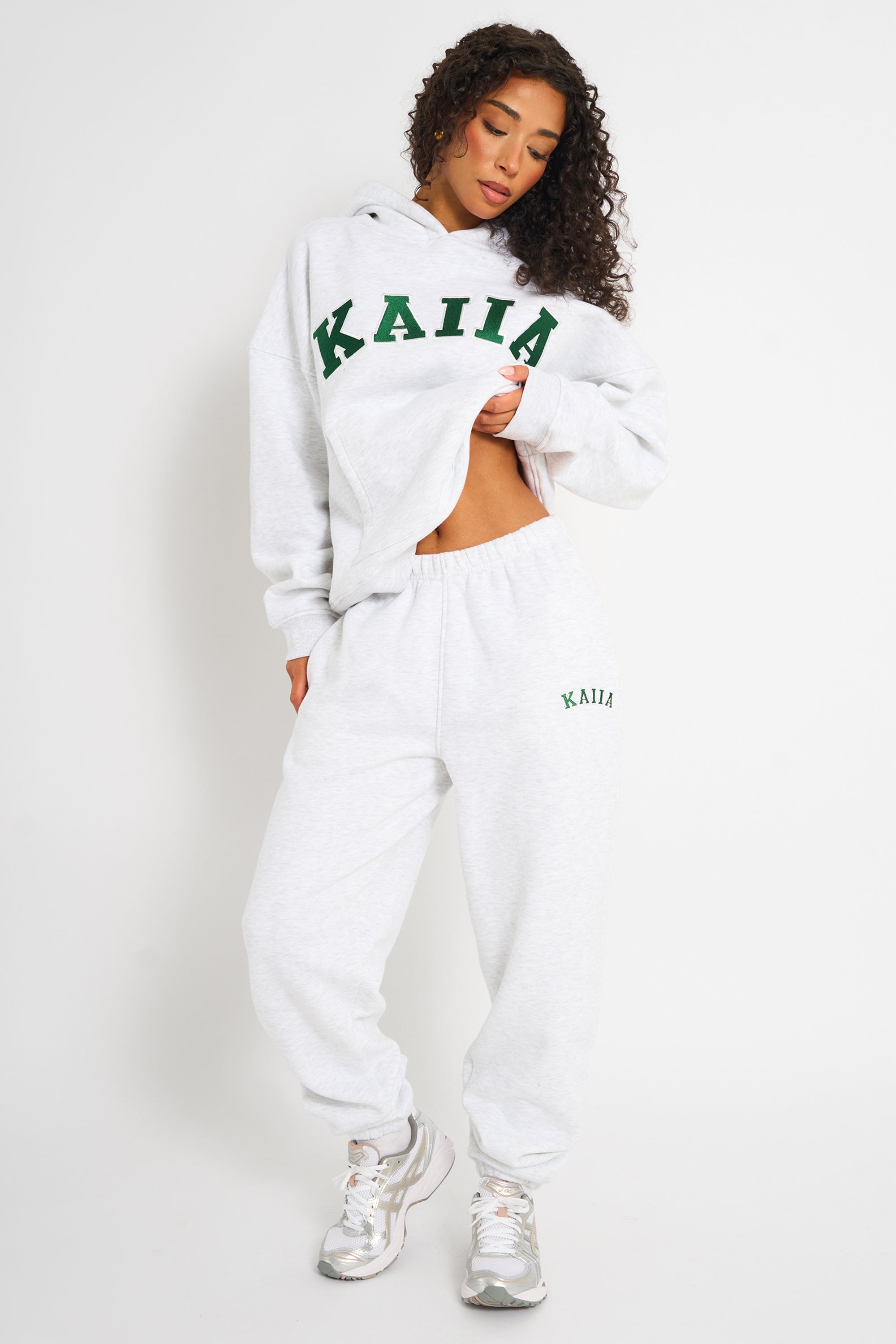 Kaiia Logo Cuffed Joggers Light Grey Marl & Forest Green