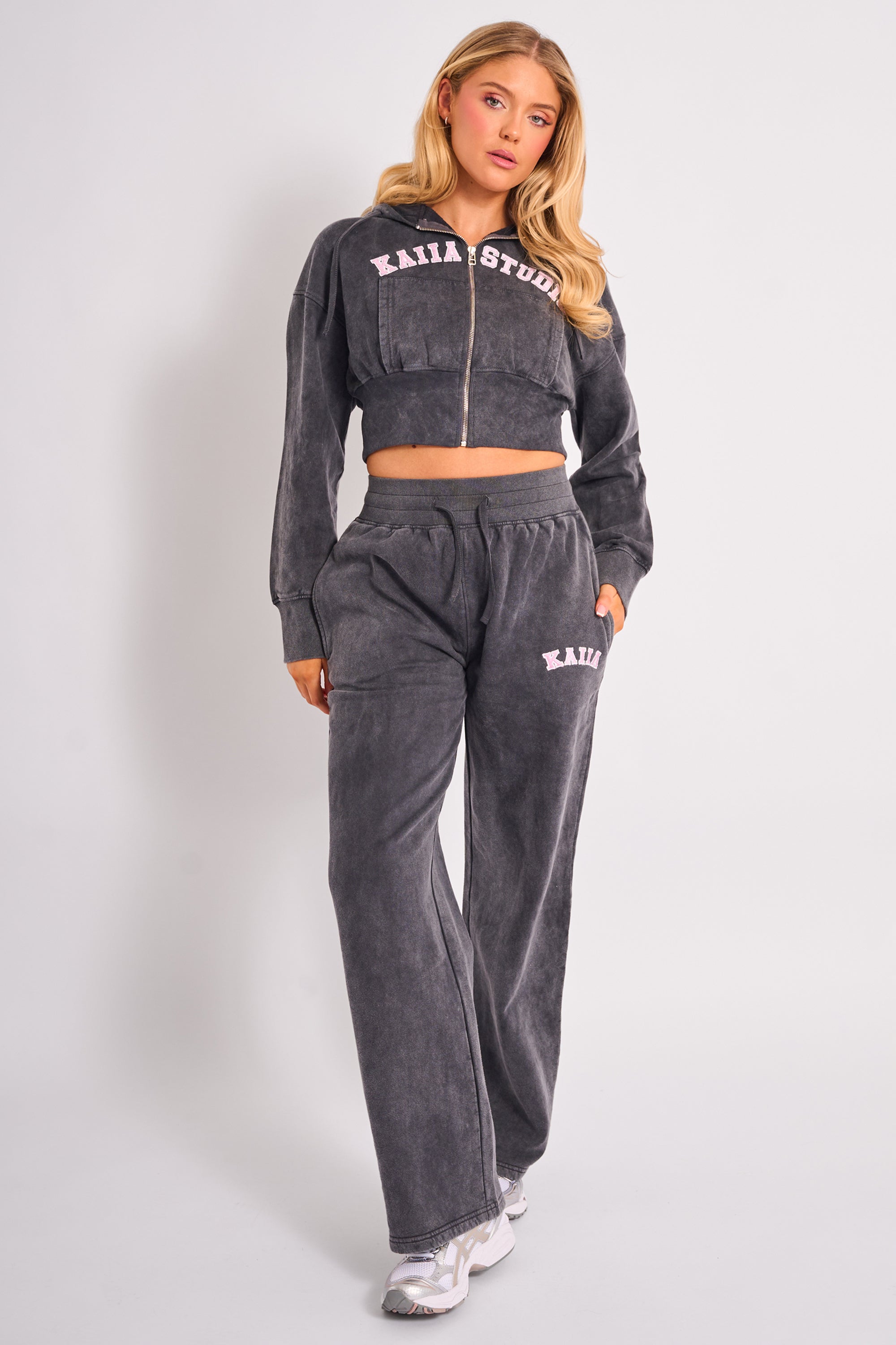 Kaiia Ribbed Waistband Wide Leg Sweat Pants Washed Dark Grey & Pink