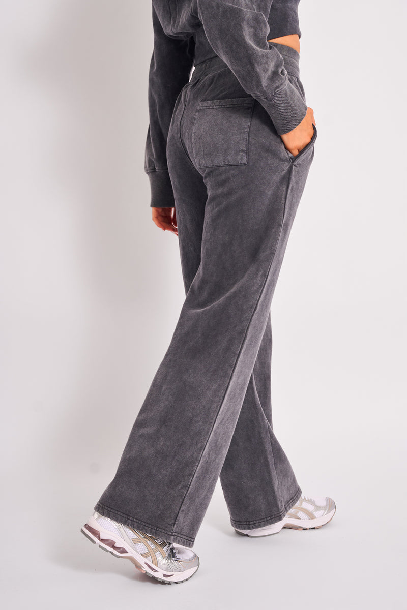 Kaiia Ribbed Waistband Wide Leg Sweat Pants Washed Dark Grey & Pink