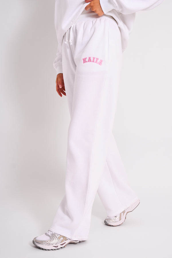 Kaiia Bow Embroidered Ribbed Waistband Wide Leg Joggers White & Pink