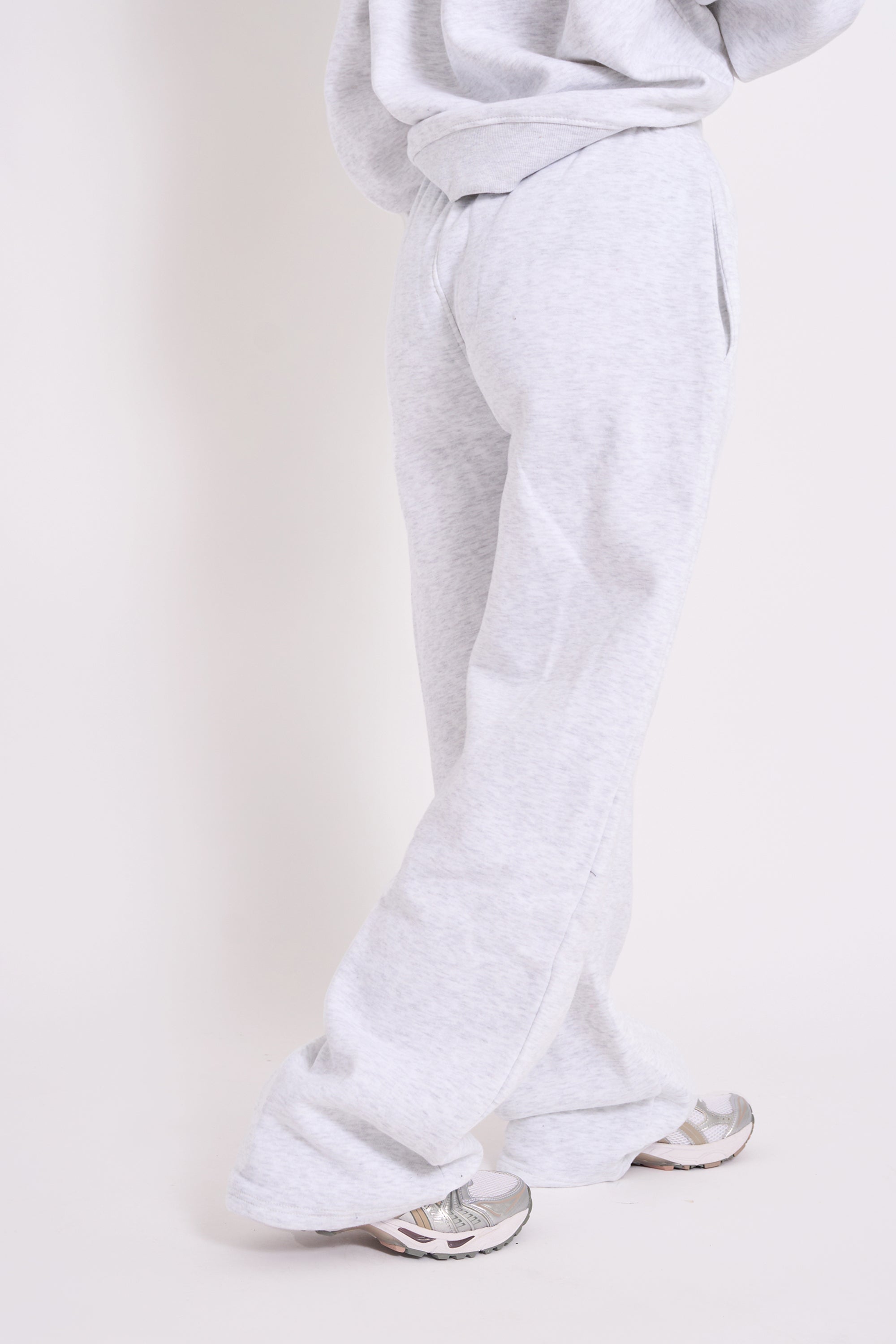 Kaiia Ribbed Waistband Wide Leg Joggers Light Grey Marl