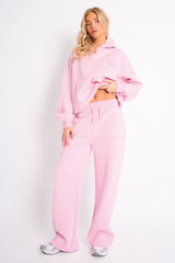 Kaiia Bow Ribbed Waistband Wide Leg Joggers Baby Pink