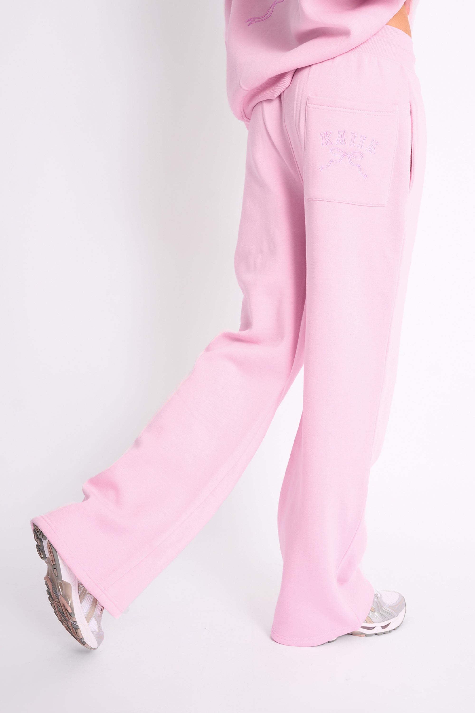 Kaiia Bow Ribbed Waistband Wide Leg Joggers Baby Pink