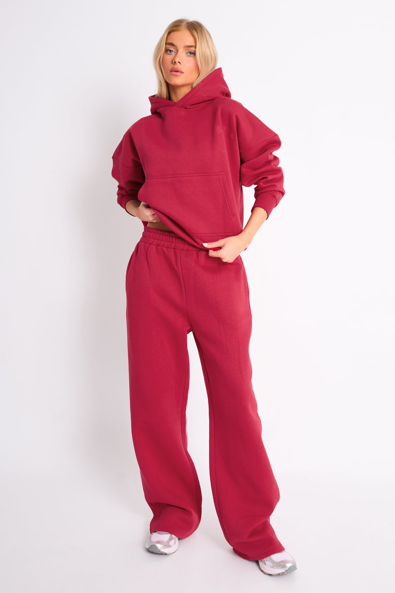 Kaiia Embossed Wide Leg Joggers Berry Red