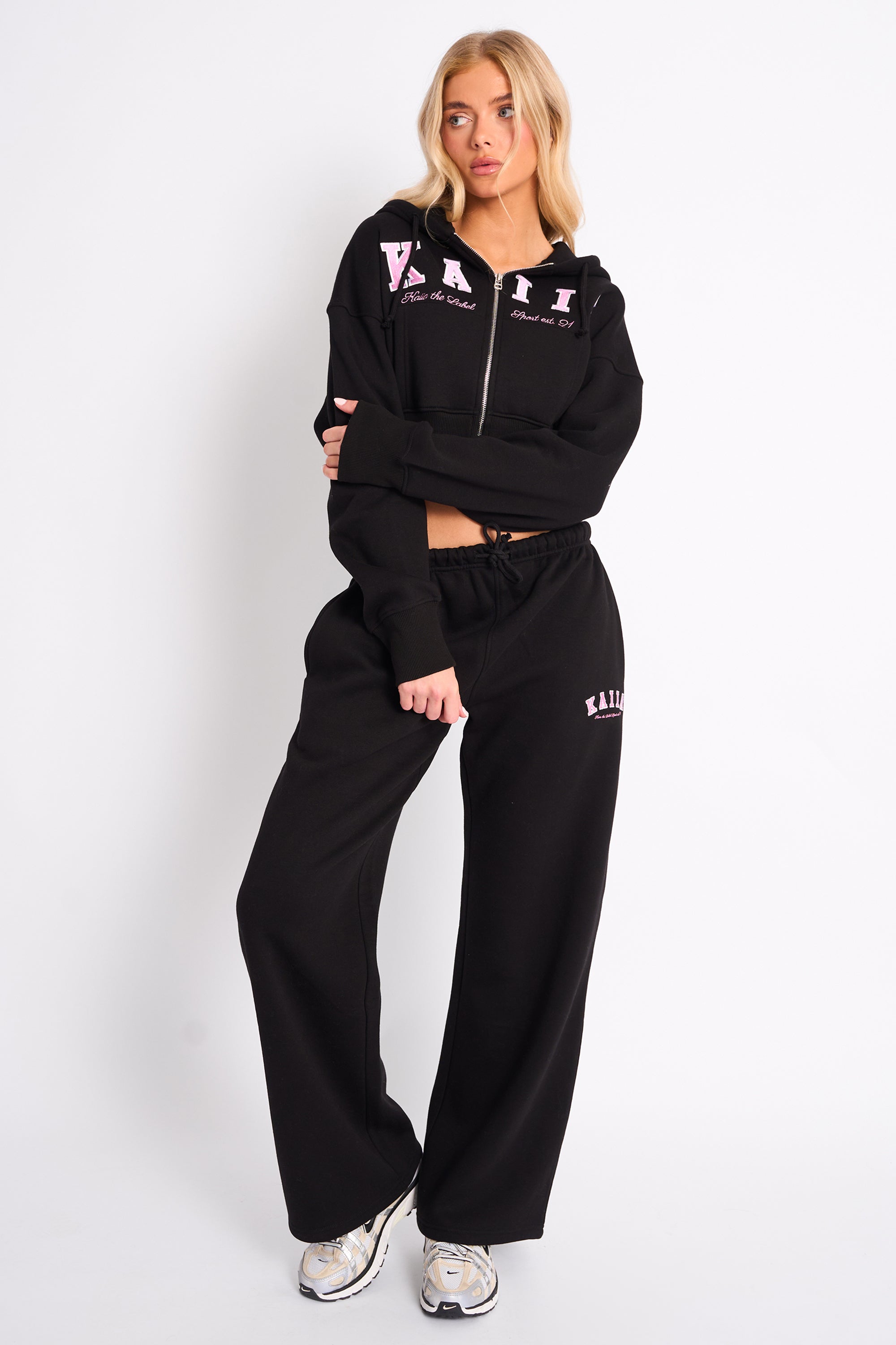 Kaiia Logo Wide Leg Joggers Black & Pink