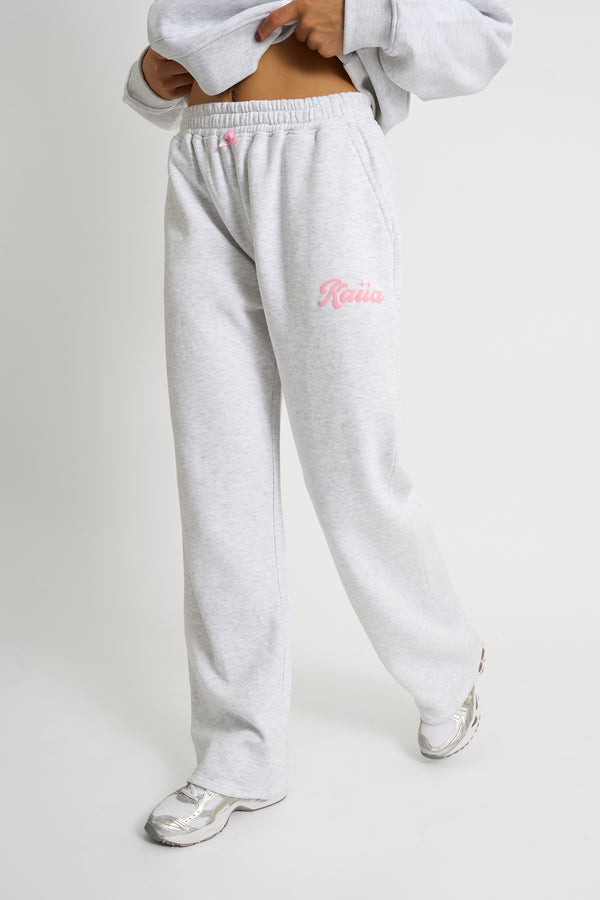 Kaiia Bubble Script Bow Detail Wide Leg Joggers Grey Marl & Pink