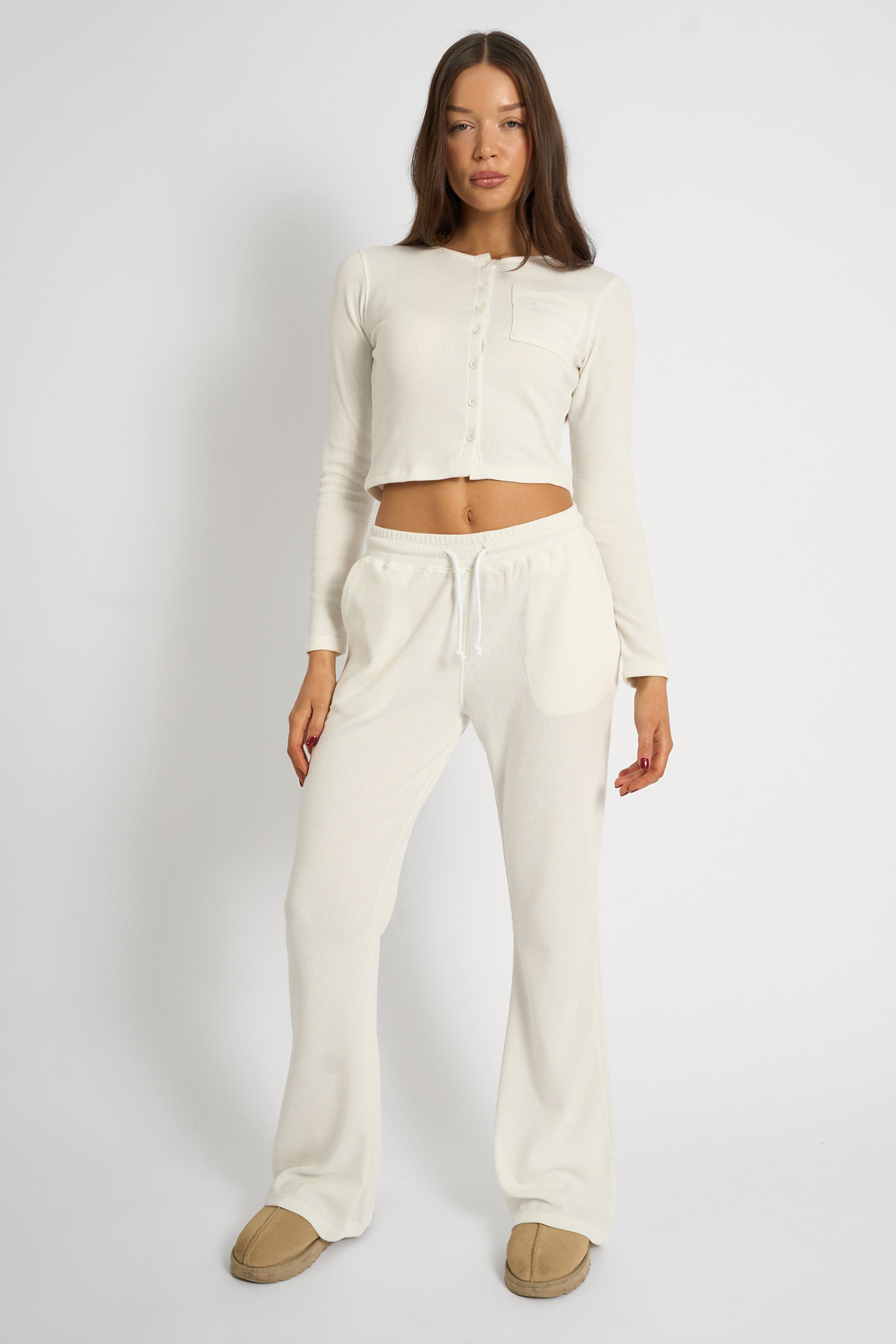 Kaiia Waffle Wide Leg Joggers Cream