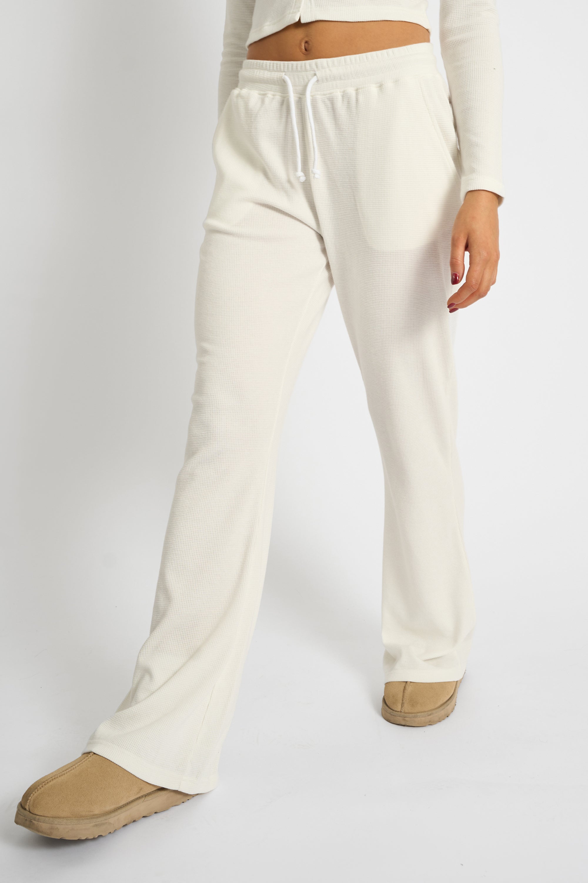 Kaiia Waffle Wide Leg Joggers Cream